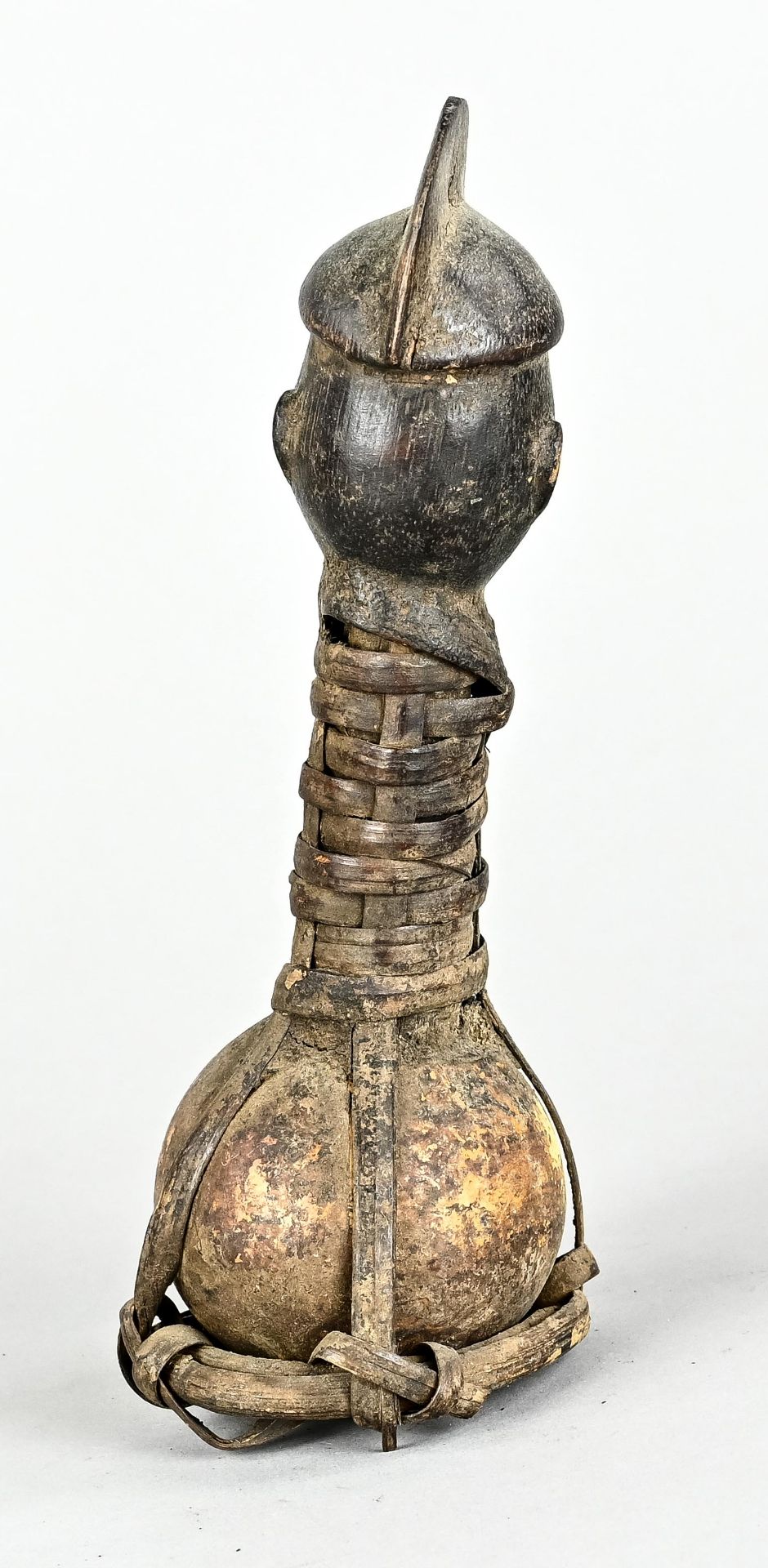 Scepter, Yoruba, Africa, wooden head with ostrich egg, and raffia, height 24 cm x 9 cm