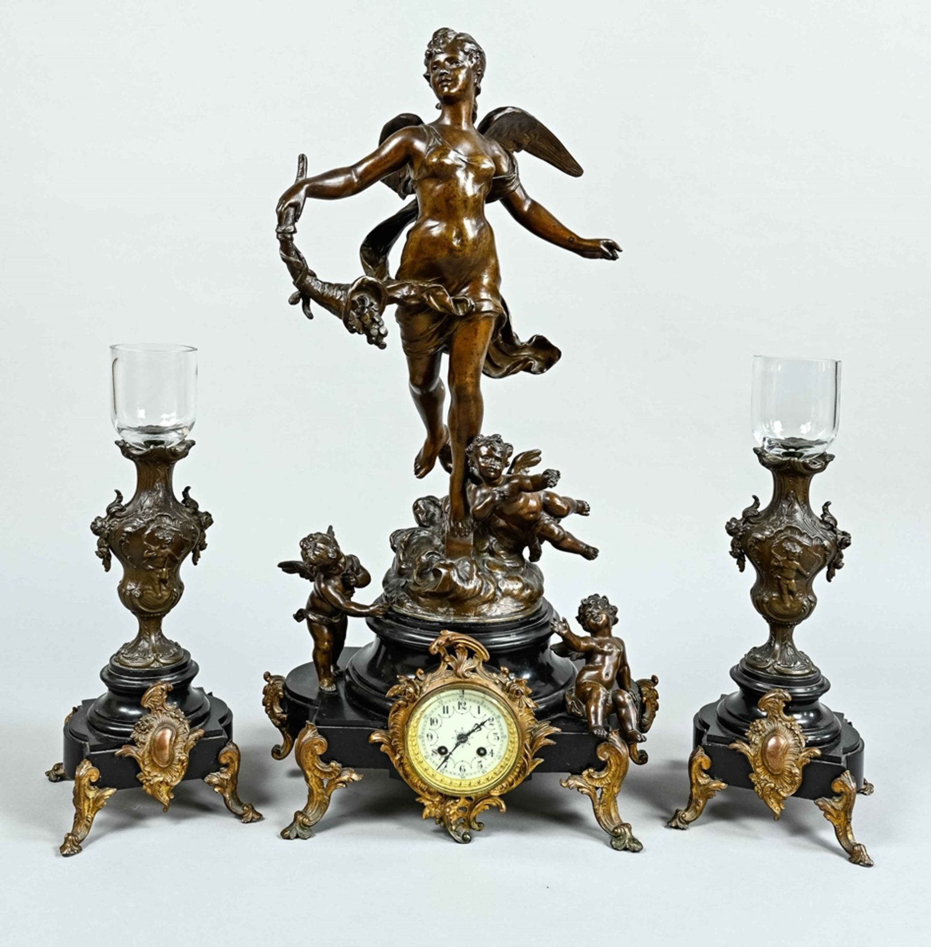 Fireplace clock with side plate, German circa 1860, bronzed zinc cast, plastic figure, as angel wit