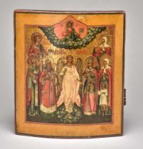 Ikone, Russland, 18./19. Jh. "Erzengel Michael mit Heiligen", Holz, Kreidegrund, Ei- Tempera, 31 x 