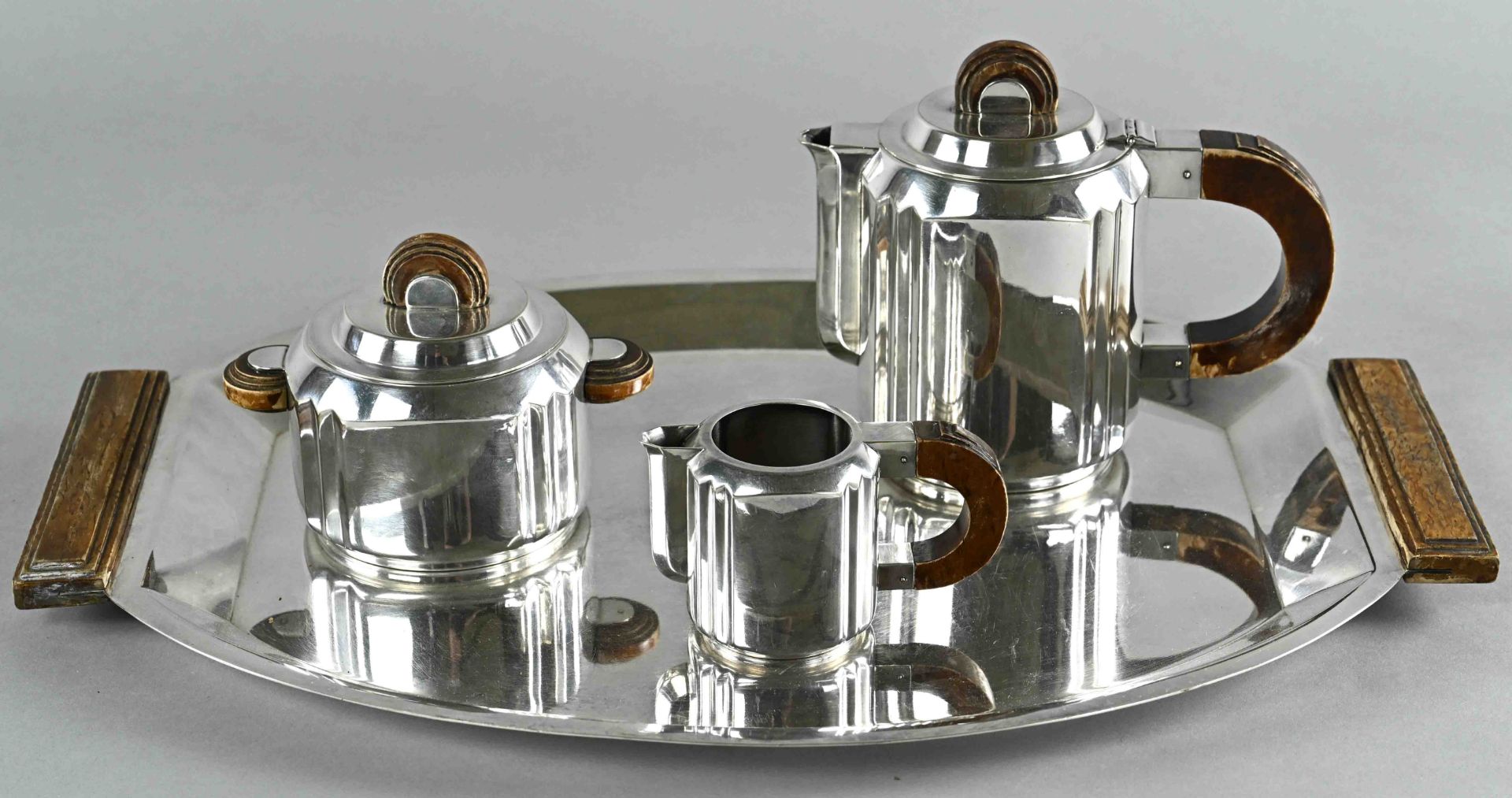 Tea set, art deco, silver plated, centerpiece with tray, large tray with wooden handles, 4 pieces, 