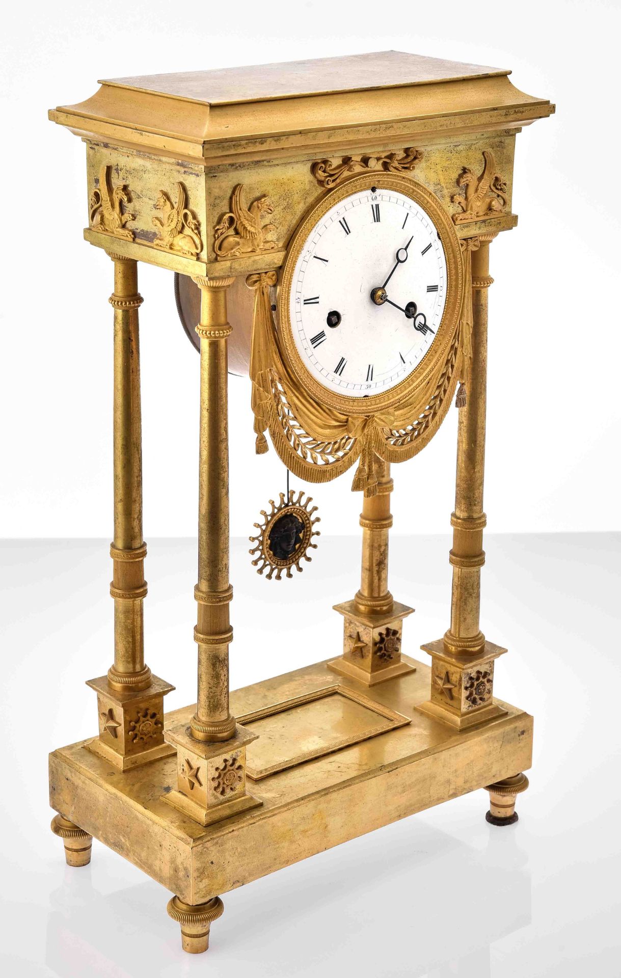 Portal clock, France circa 1820, bronze, fire gilded, decorated with griffin figures in front and o - Image 3 of 8