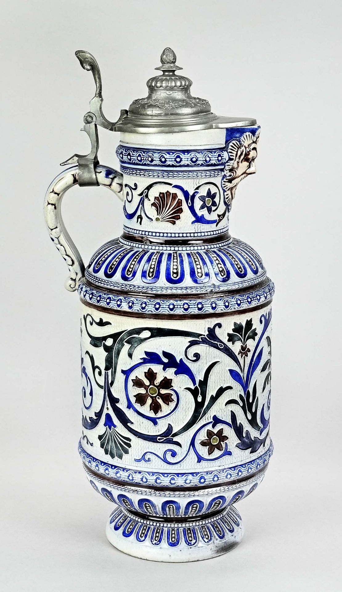 Wine jug, Westerwald around 1900, stoneware, relief jug with tin lid, height 39 cm, lid a little bi - Image 3 of 4