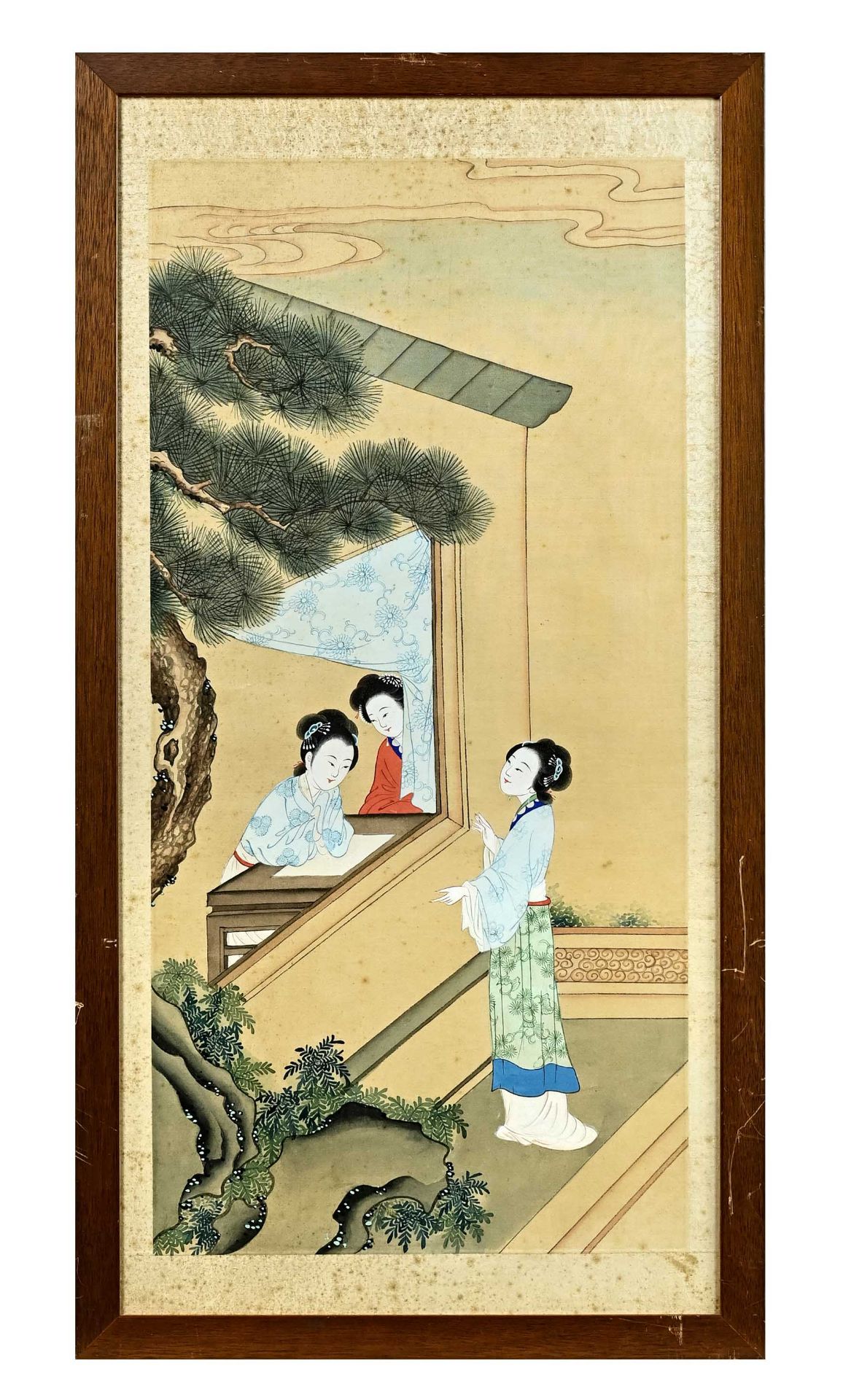 Silk picture, China around 1920, "Children at the window", mixed media on silk. 67 x 32.5 cm