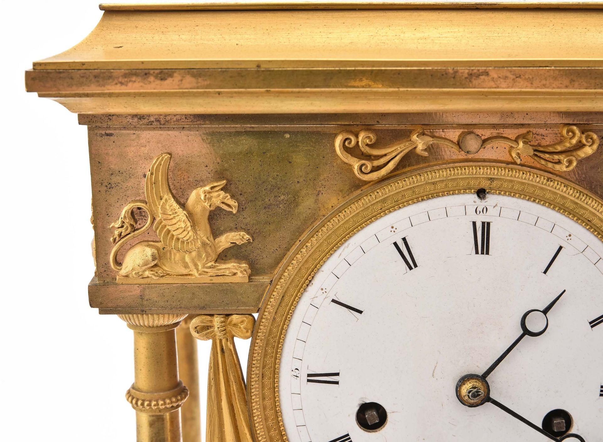 Portal clock, France circa 1820, bronze, fire gilded, decorated with griffin figures in front and o - Image 5 of 8