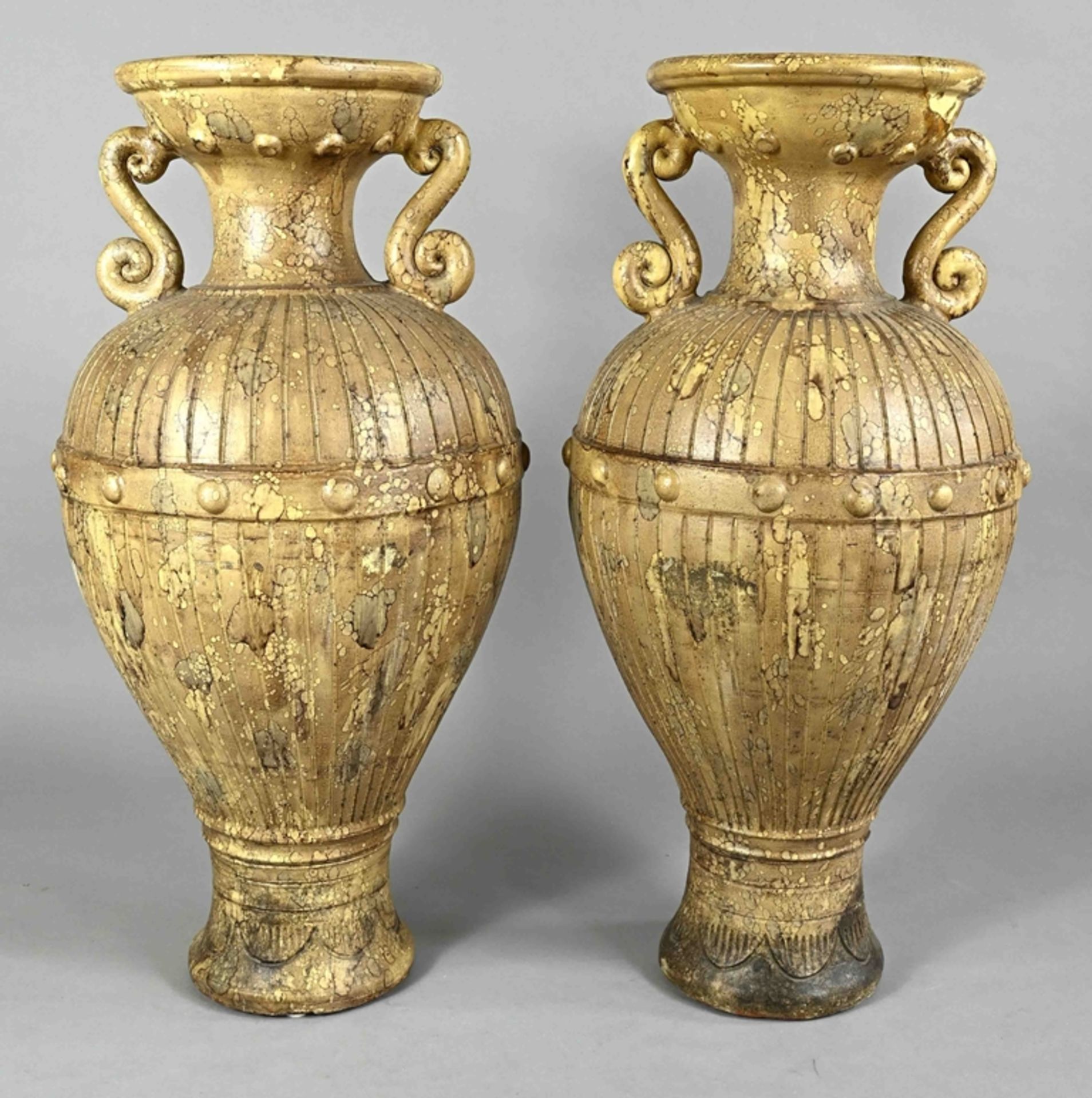 Pair of very decorative vases, amphorae, Greece/Italy, 1st half 20th century, terracotta, marbled, 