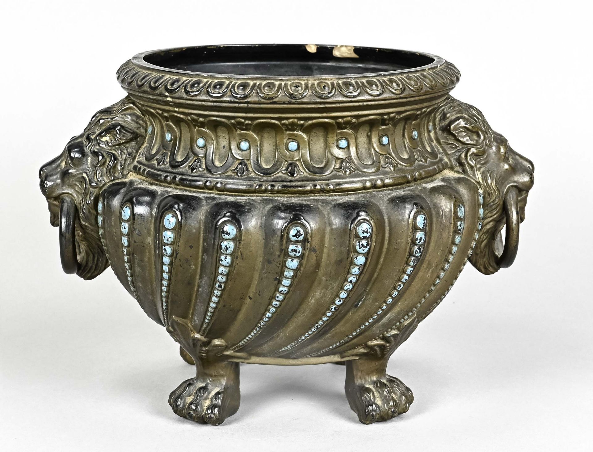 Cachepot, German around 1880, on paw feet, bronzed clay, lion heads on the sides as handle, height  - Image 3 of 3