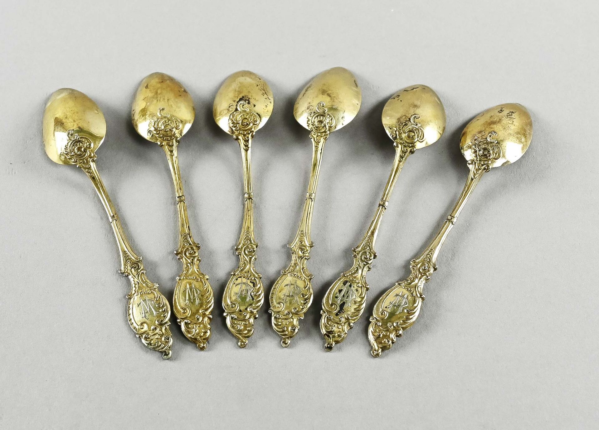 6 small coffee spoons, Germany circa 1900, silver 800 hallmarked, gilded, weight 65 g - Image 2 of 2