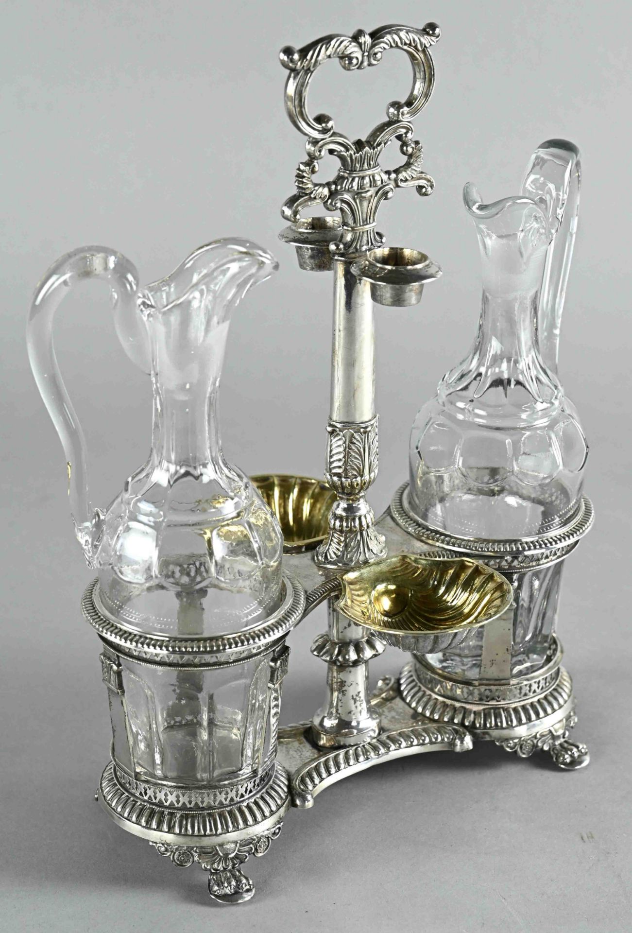 Vinegar and oil cruet, spice cruet, Germany 1840, silver, Kellnbach, standing on paw feet, salt and - Image 2 of 2