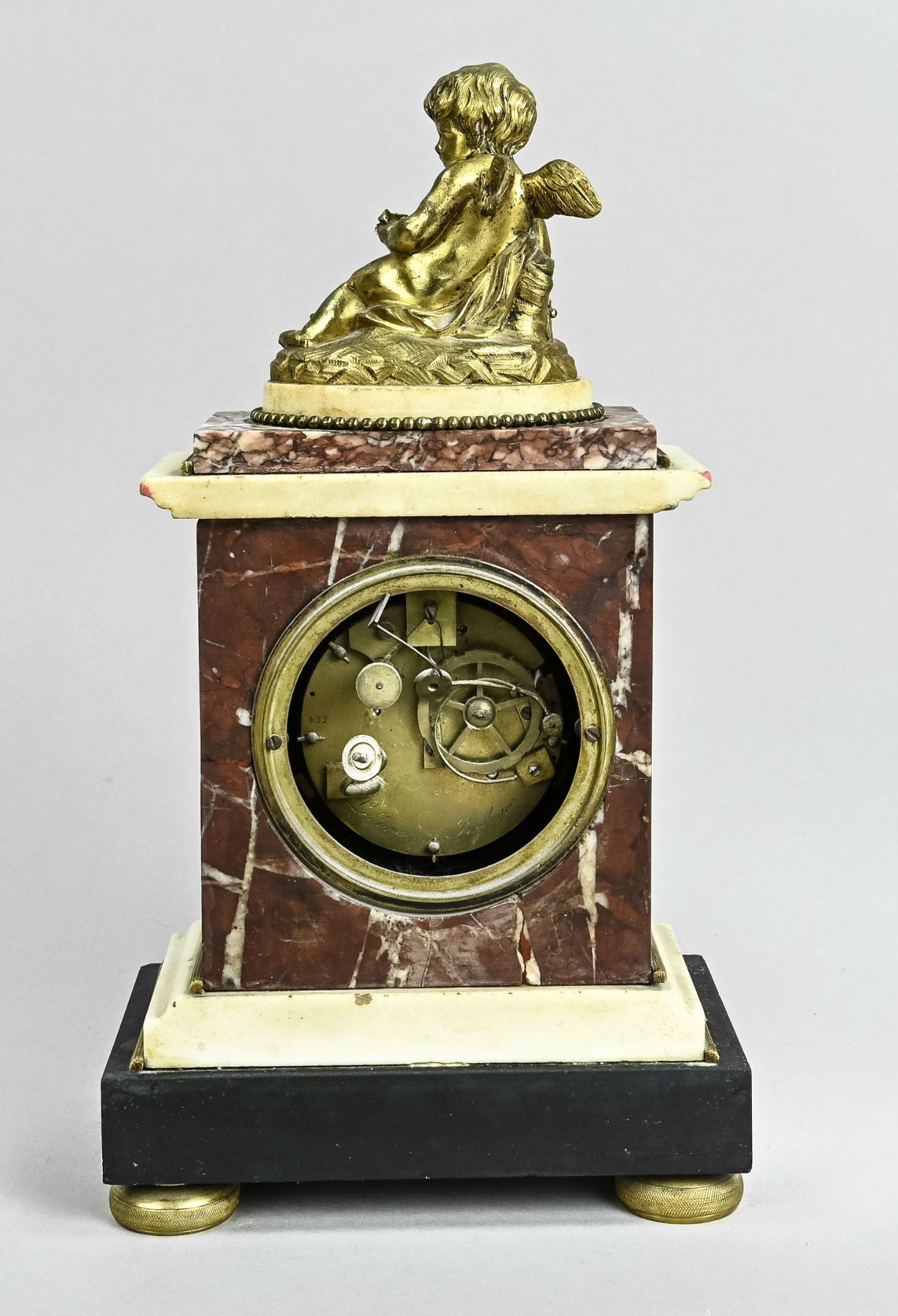 Fireplace clock, France circa 1830, crowned with fire gilded bronze, depicting an angel, striking m - Image 3 of 3