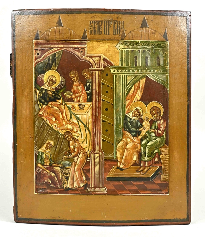 Icon, Russia 19th century "Christi Geburt", wood, egg tempera painted on chalk, 35,5 x 29 cm