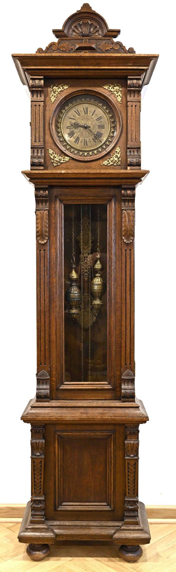 Grand grandfather clock from the Wilhelminian period around 1880/90, solid oak and veneered. Impres