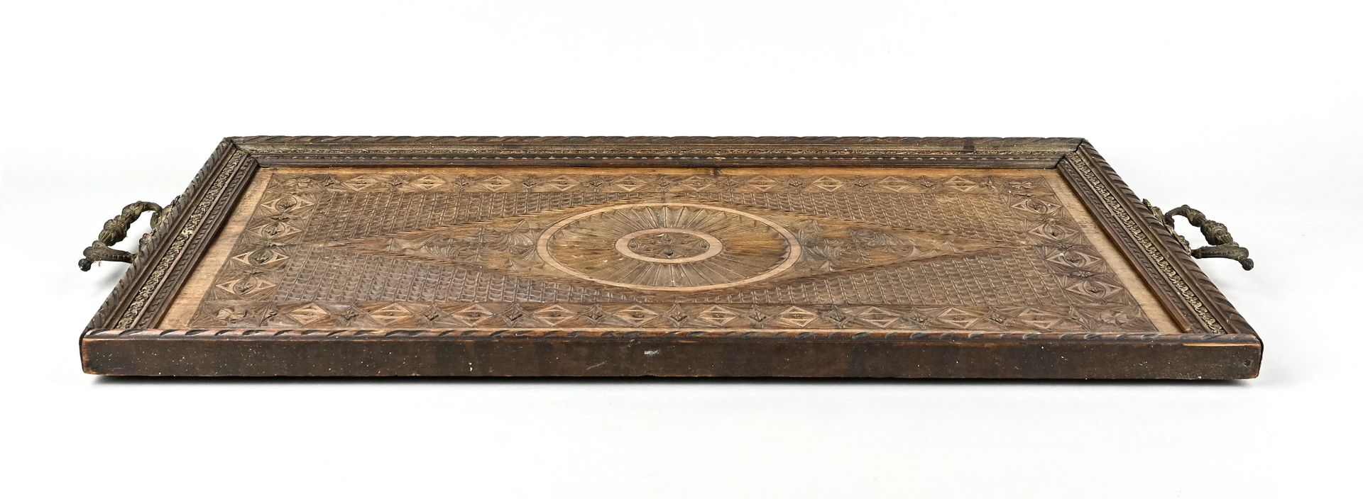 Large wooden tray, carved, sculptural metal handles, 60 x 35 cm - Image 2 of 4