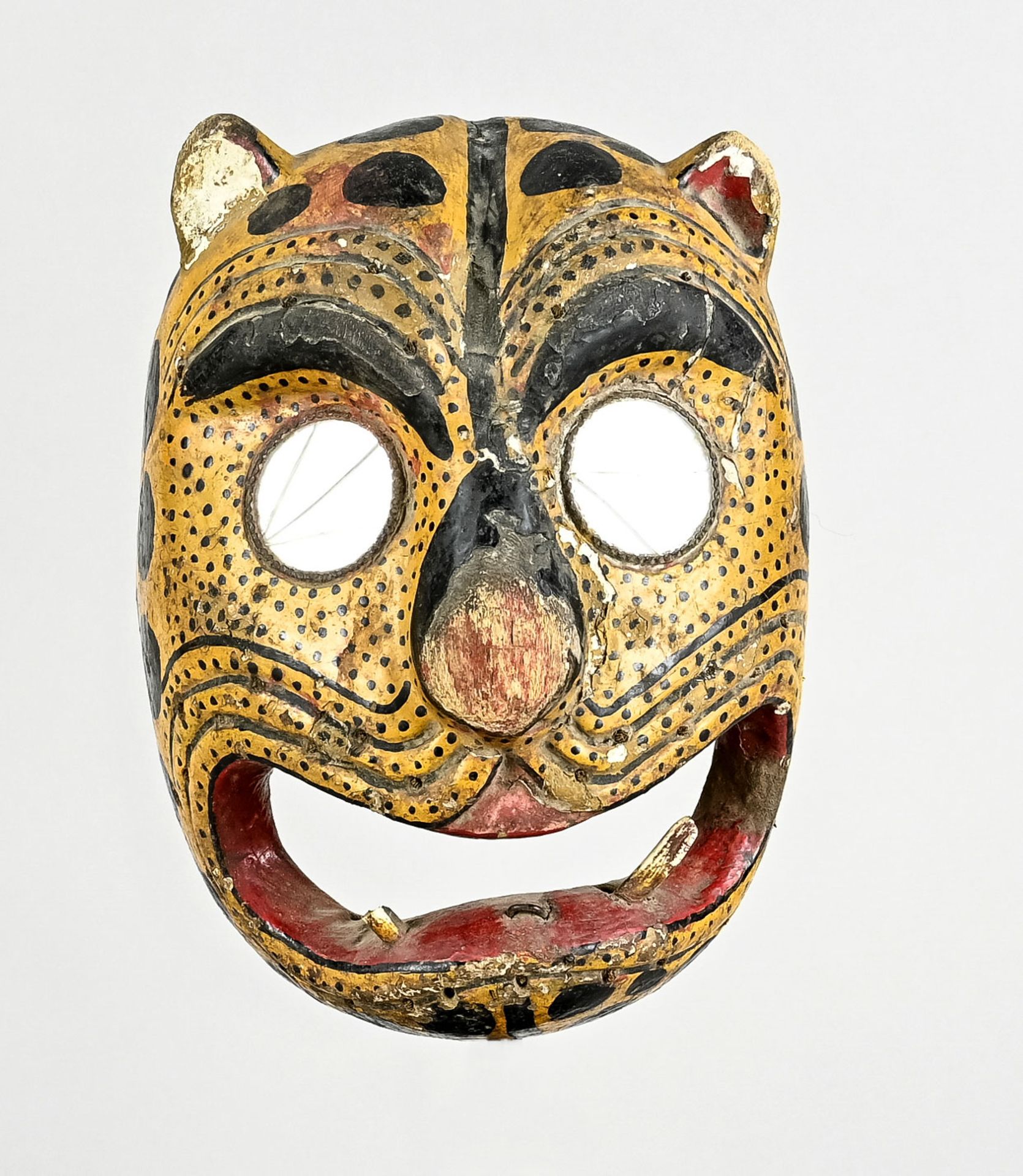 Animal mask, leopard, yellow colored with black dots, big opened red mouth, round eyes, 25 x 18,5 x