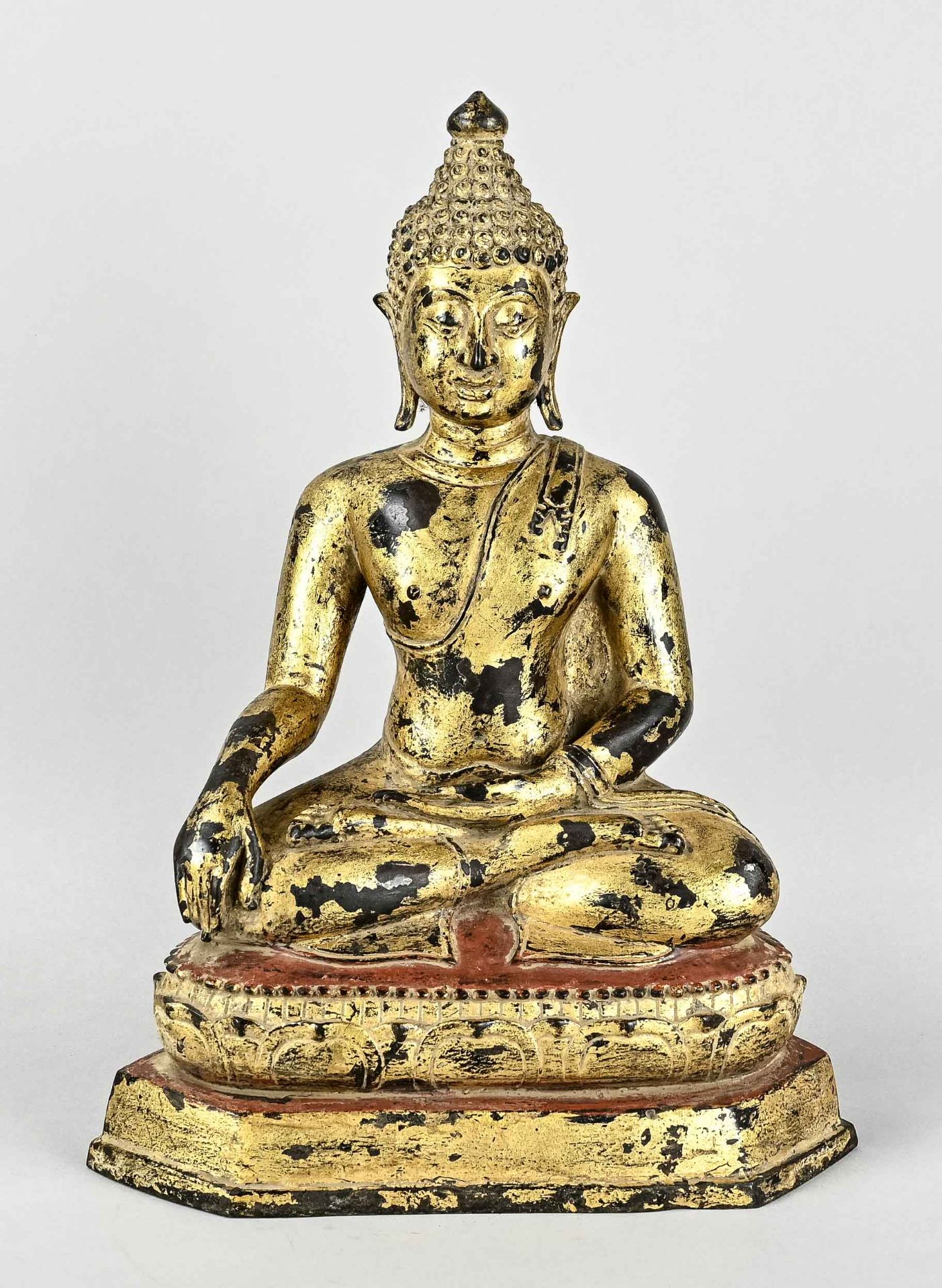Buddha Shakyamuni, Tibet, 18th century, bronze heightened with gold, on double lotus base.  Slender