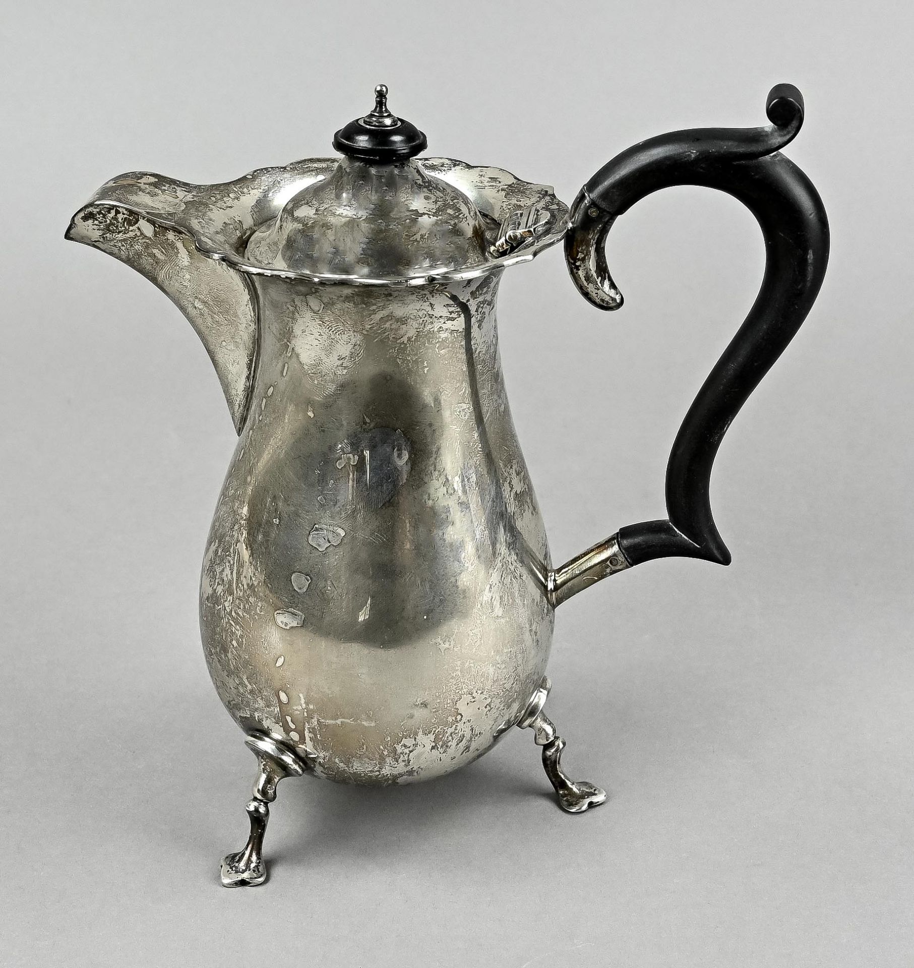 Mocca pot, silver, England circa 1900, on 3 feet, elegant form, wooden handle and knob, gross weigh