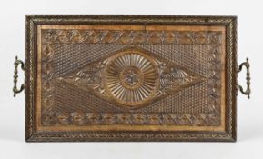Large wooden tray, carved, sculptural metal handles, 60 x 35 cm