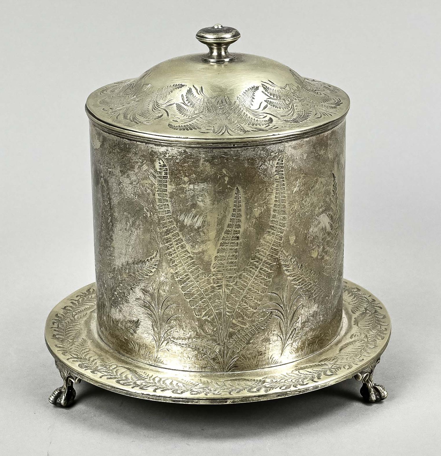 Tobacco container, England circa 1900, brass silver plated, fine engraved, lid beautifully decorate