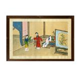 Chinesisches Blatt, China um 1920, "Anprobe", Mischtechnik auf Seide, 33 x 53 cm,