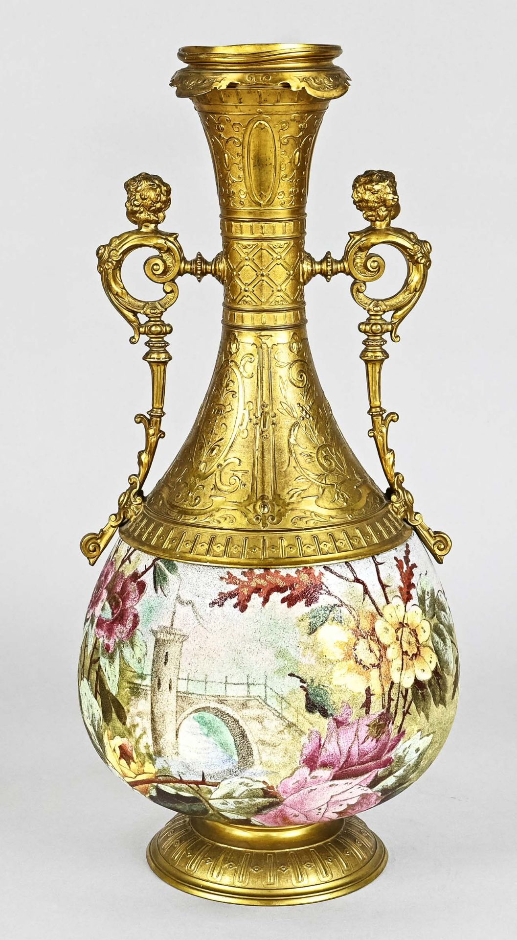 Mehlem, Franz Anton (1838 - 1931), large very decorative vase, stoneware with brass, painted, insid - Image 2 of 4
