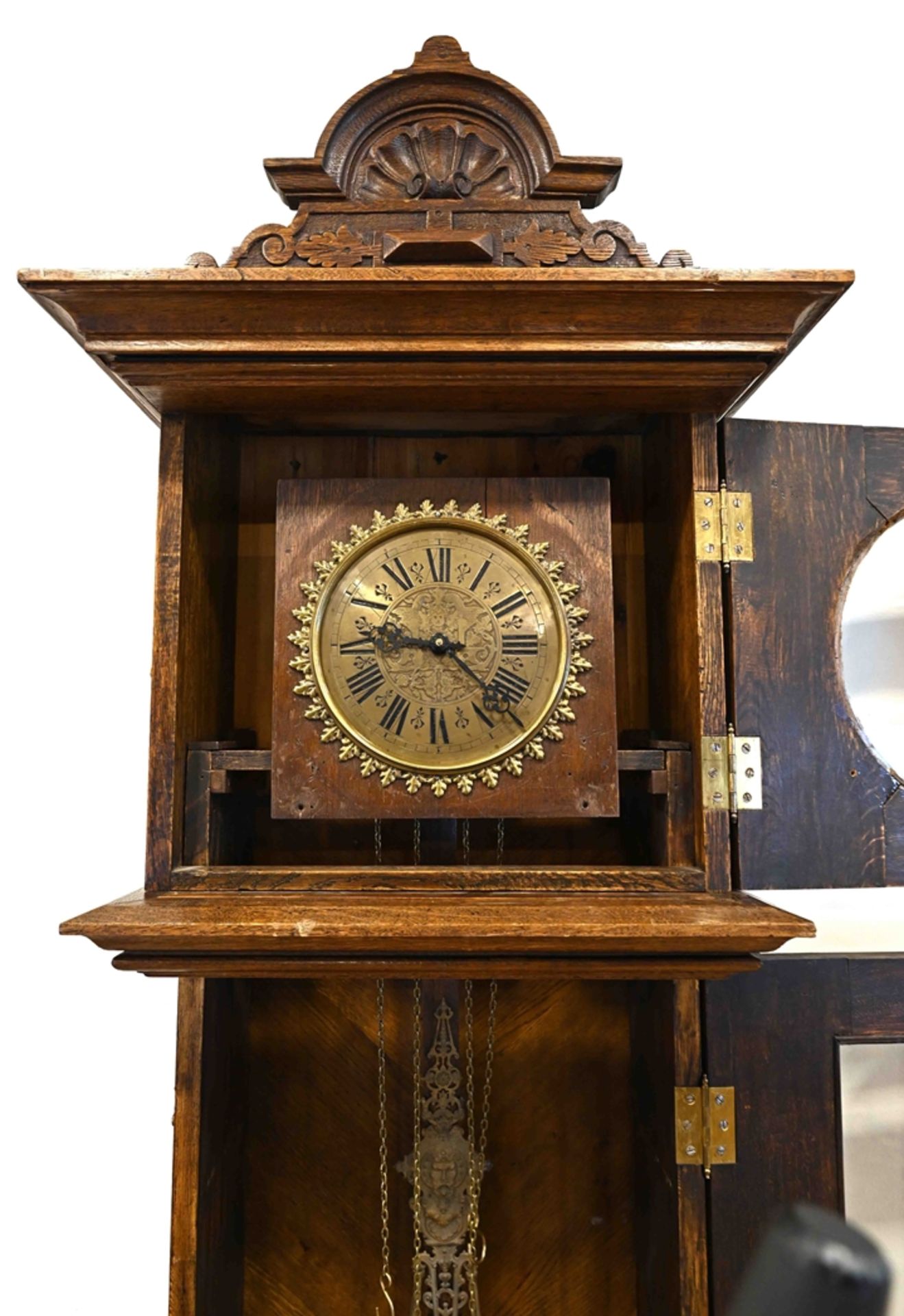 Grand grandfather clock from the Wilhelminian period around 1880/90, solid oak and veneered. Impres - Image 9 of 10