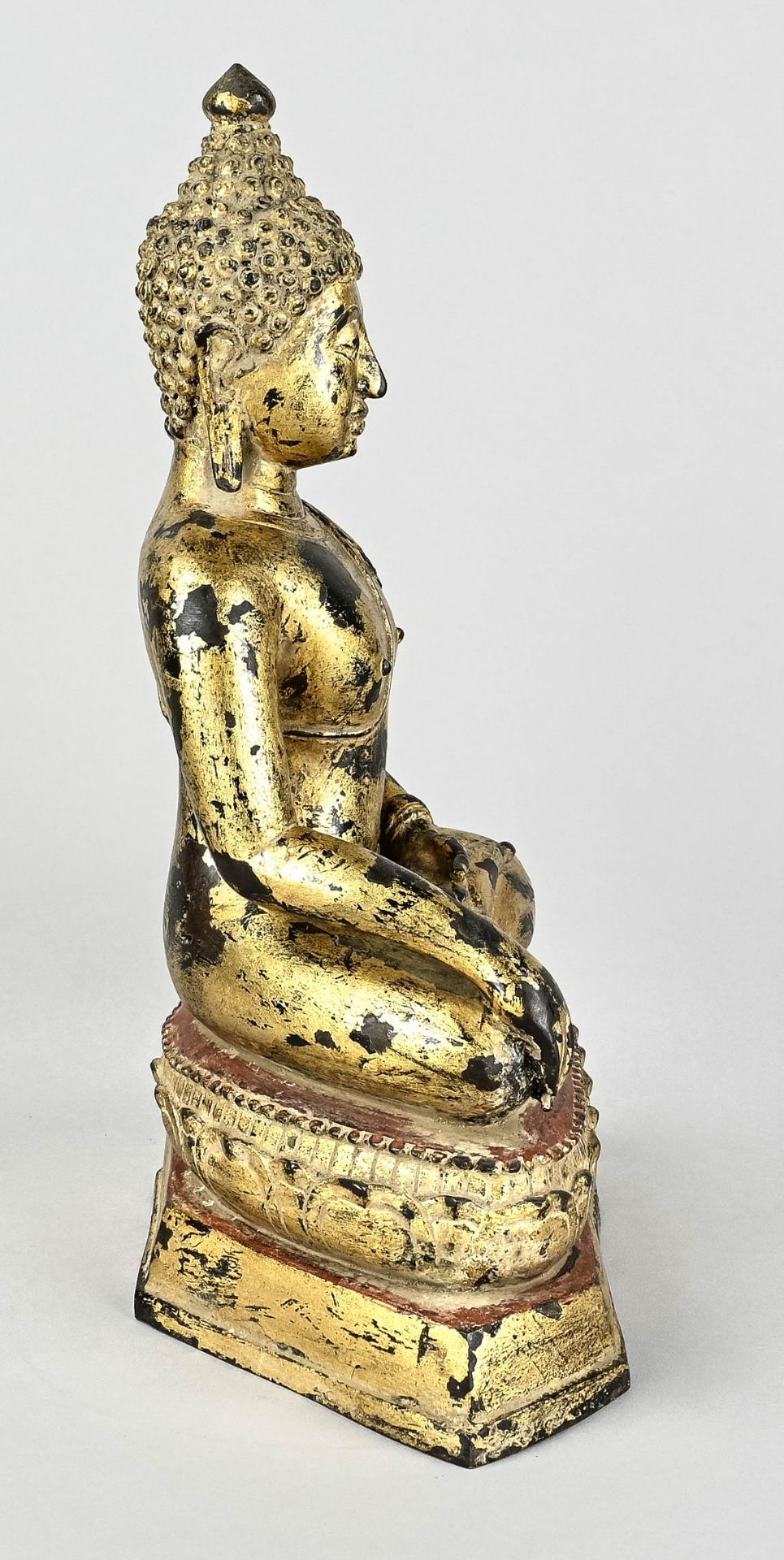 Buddha Shakyamuni, Tibet, 18th century, bronze heightened with gold, on double lotus base.  Slender - Image 2 of 4