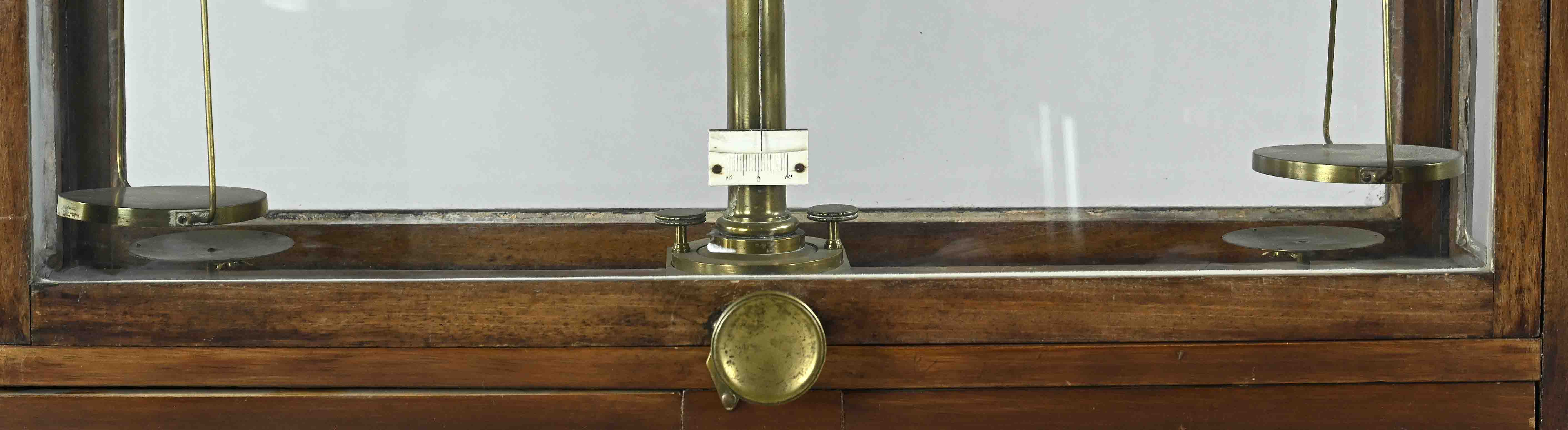 Precision balance, German, 2nd half of the 19th century, wood with glass case, height 48.5 x 60 x 1 - Image 2 of 3