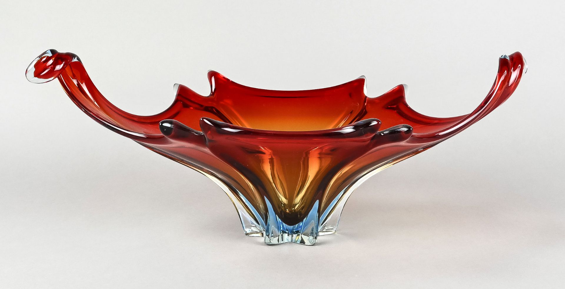 Large decorative Murano bowl, Italy, 20th c,red - blue colour gradient, height 19 cm, length 50 x 2