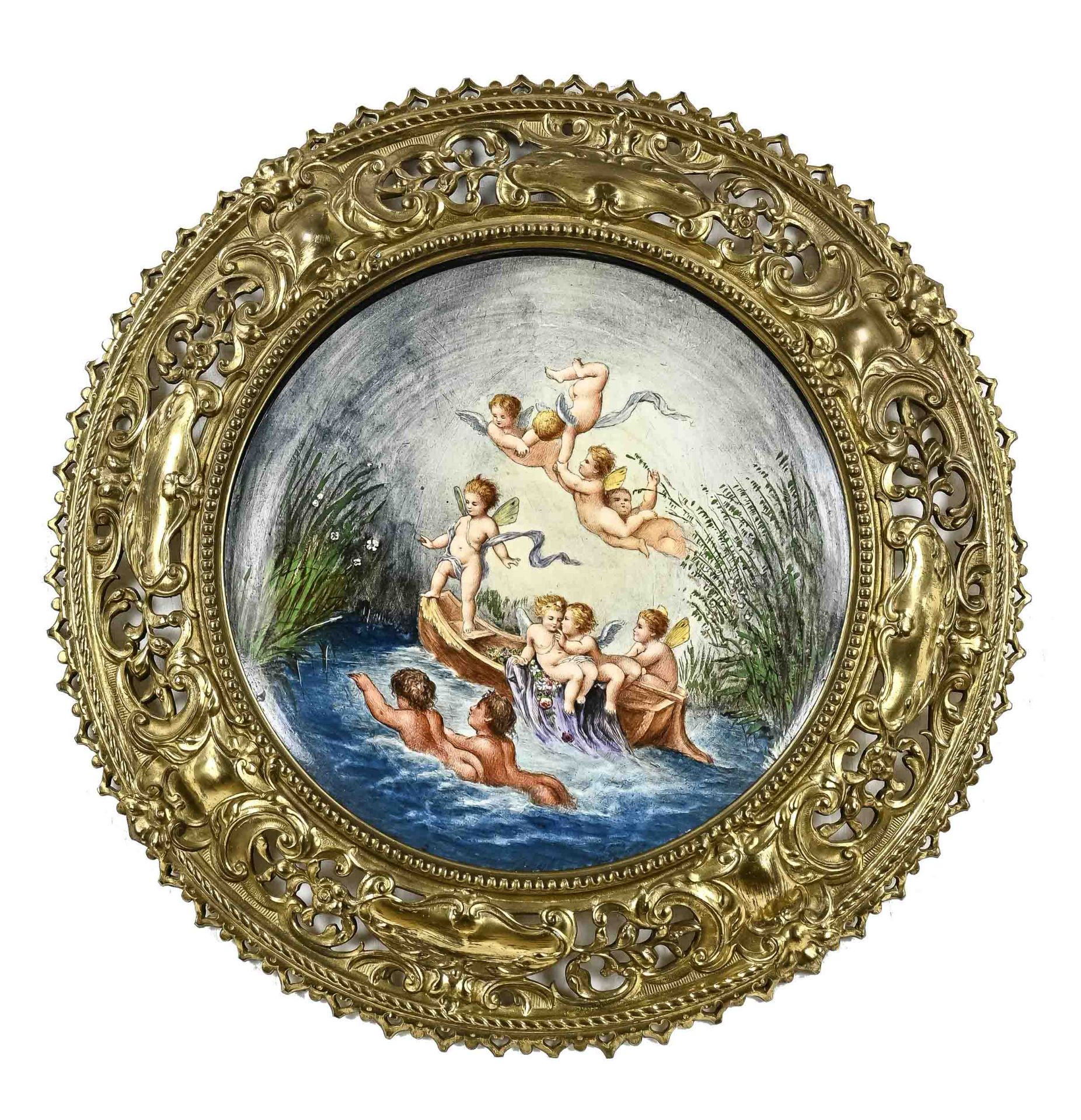 Beautiful show plate in frame, German around 1880, "Spielende Engelchen", ceramic painted, brass se