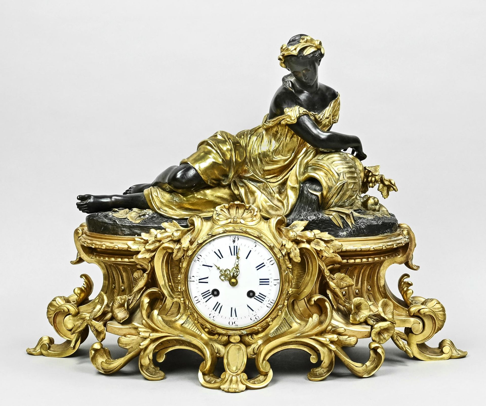 Large pendulum, France circa 1860, Louis XV style, bronze, fire gilded, partially dark patinated, e