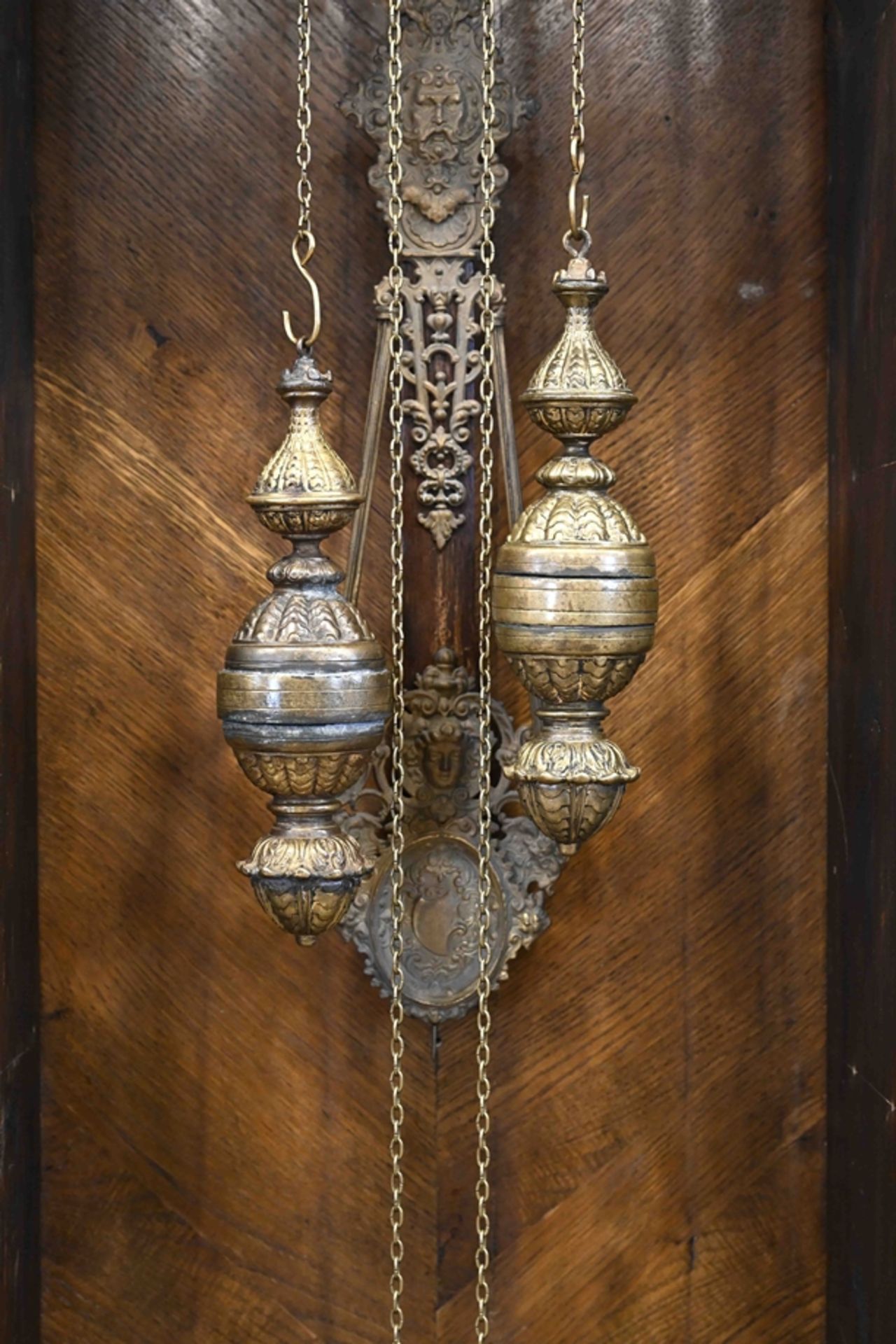 Grand grandfather clock from the Wilhelminian period around 1880/90, solid oak and veneered. Impres - Image 4 of 10