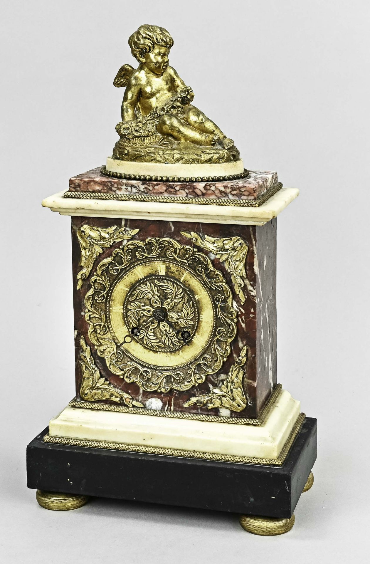 Fireplace clock, France circa 1830, crowned with fire gilded bronze, depicting an angel, striking m