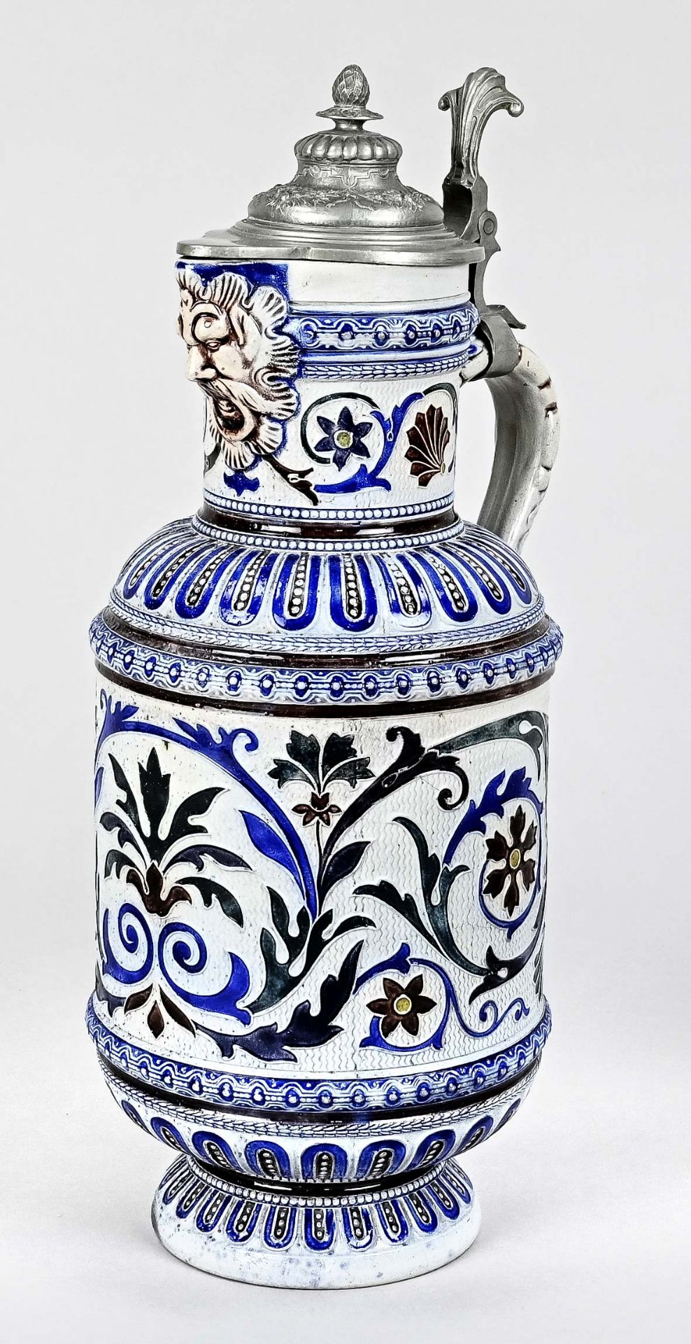 Wine jug, Westerwald around 1900, stoneware, relief jug with tin lid, height 39 cm, lid a little bi