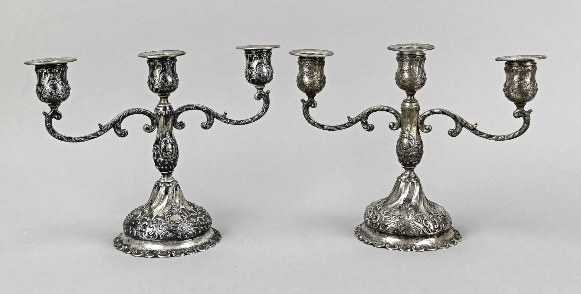 Pair of candlesticks, silver 800, 3-lights each, roccaille, grommets added later, all hallmarked wi - Image 3 of 3