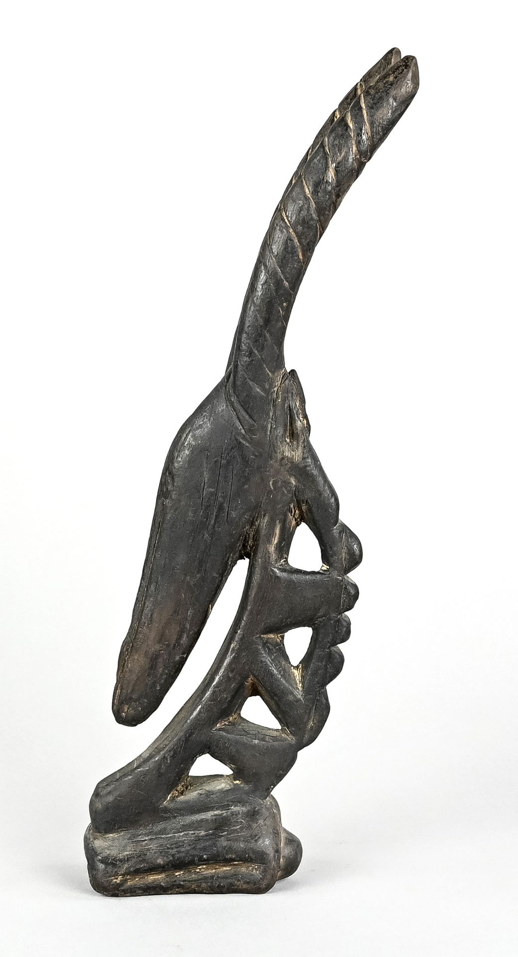 Small simple antelope figure Tjiwara, Bambara, Mali, in abstract Sikasso style, on carved neck, woo