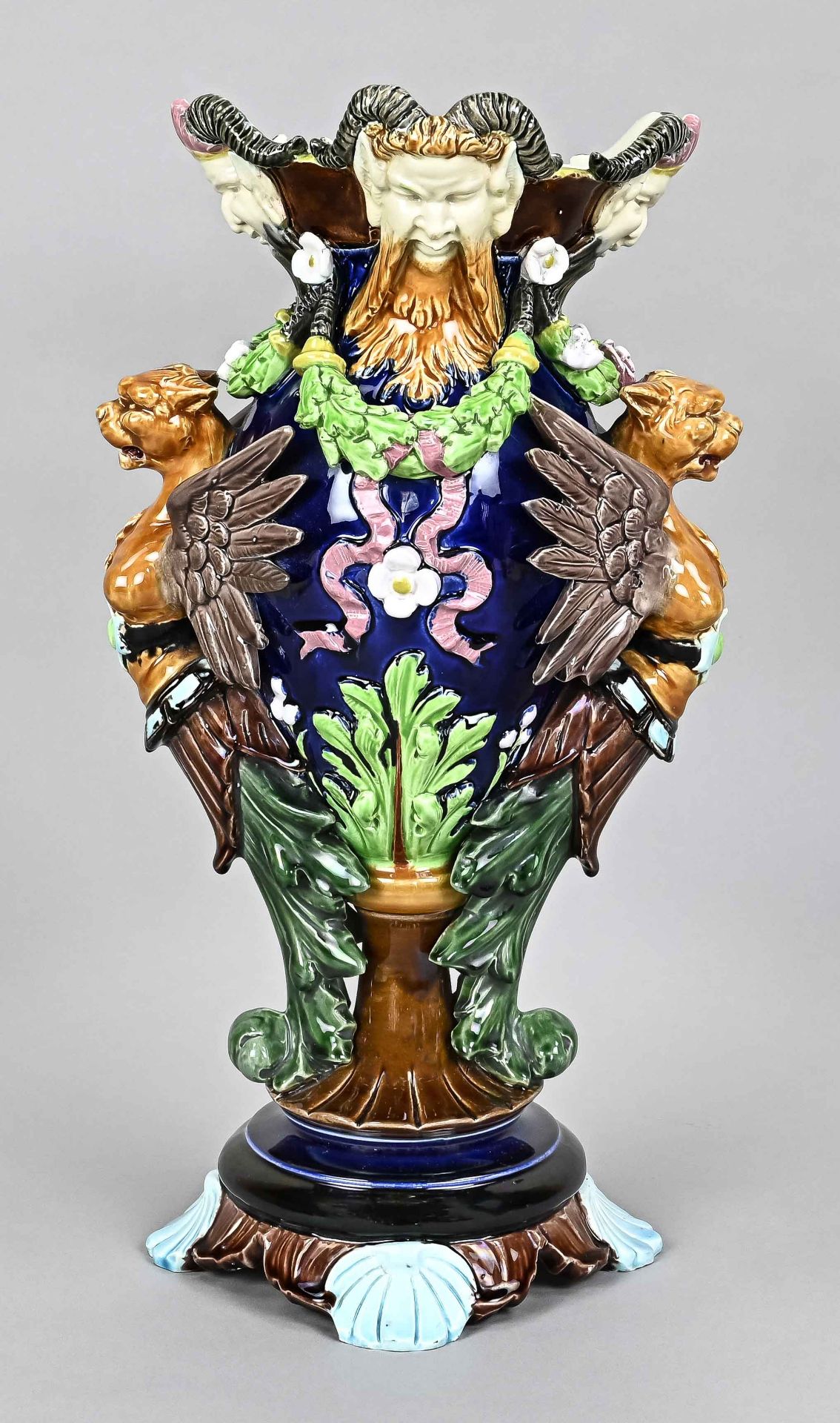 Large magnificent majolica vase, Italy, 19th century, on the bottom a press mark, press no. 1520, m - Image 4 of 5