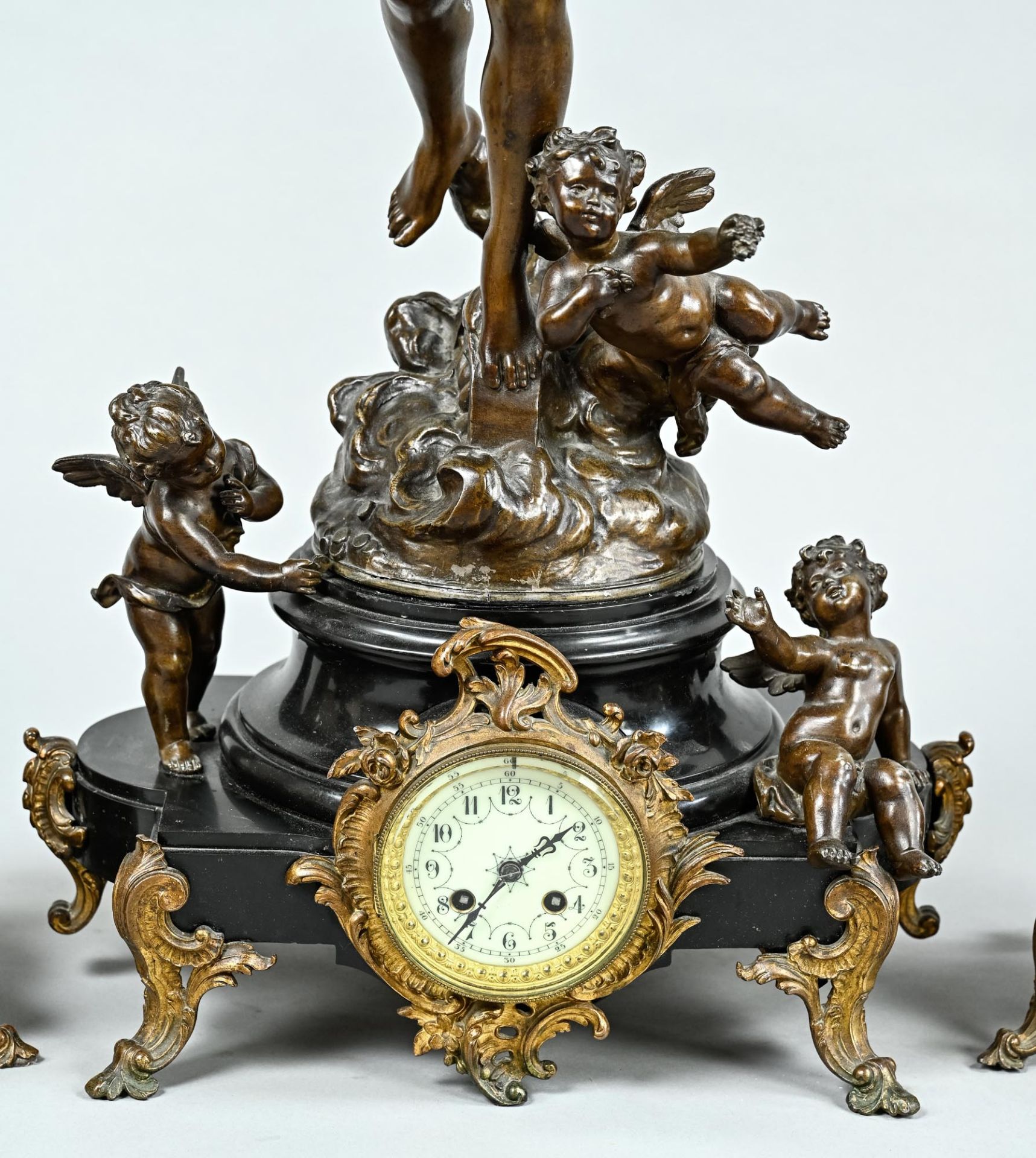 Fireplace clock with side plate, German circa 1860, bronzed zinc cast, plastic figure, as angel wit - Image 4 of 5