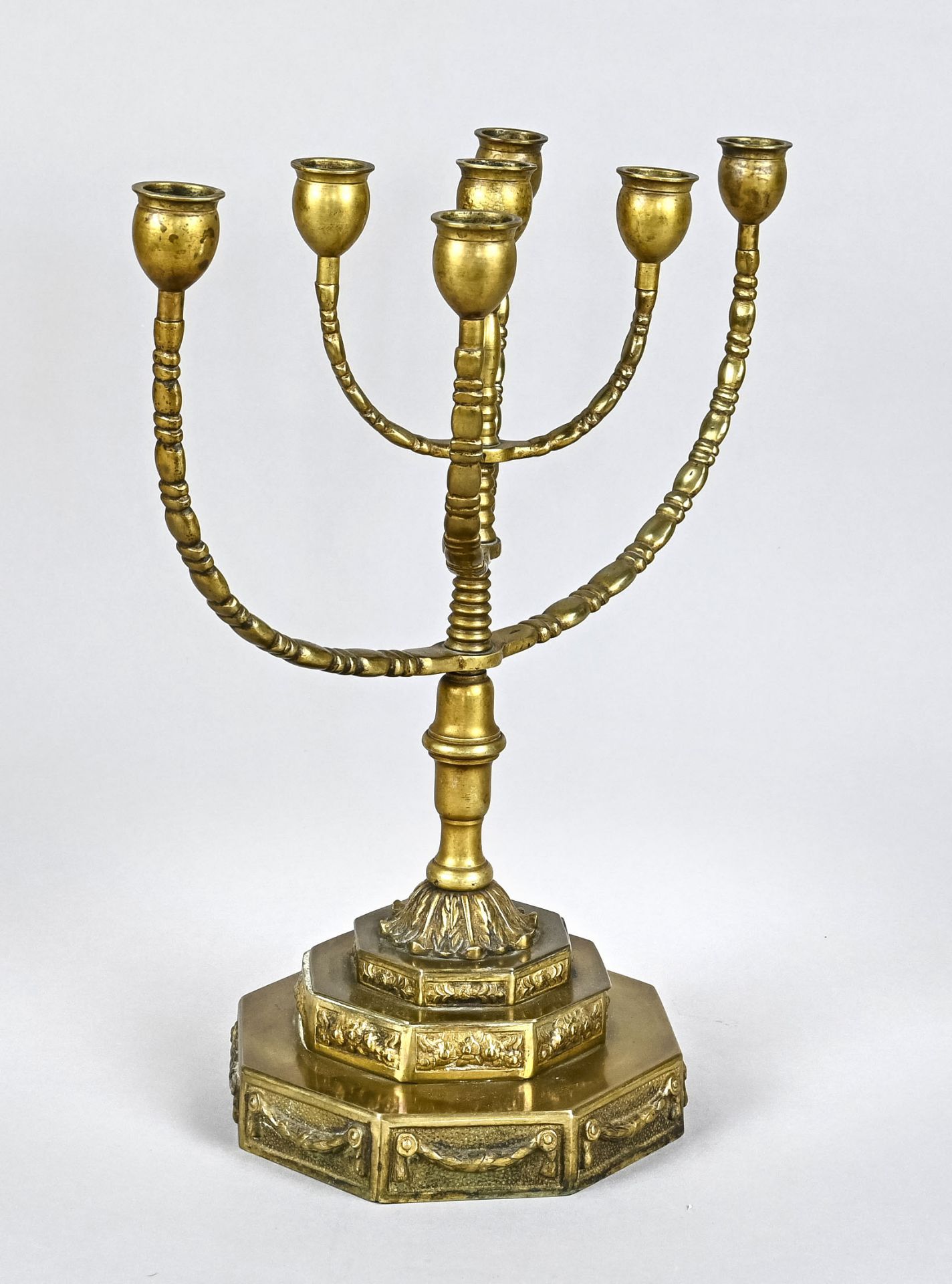 Jewish Shabbat candlestick, Germany c. 1900, brass, standing on a stepped base decorated with flora - Image 2 of 2