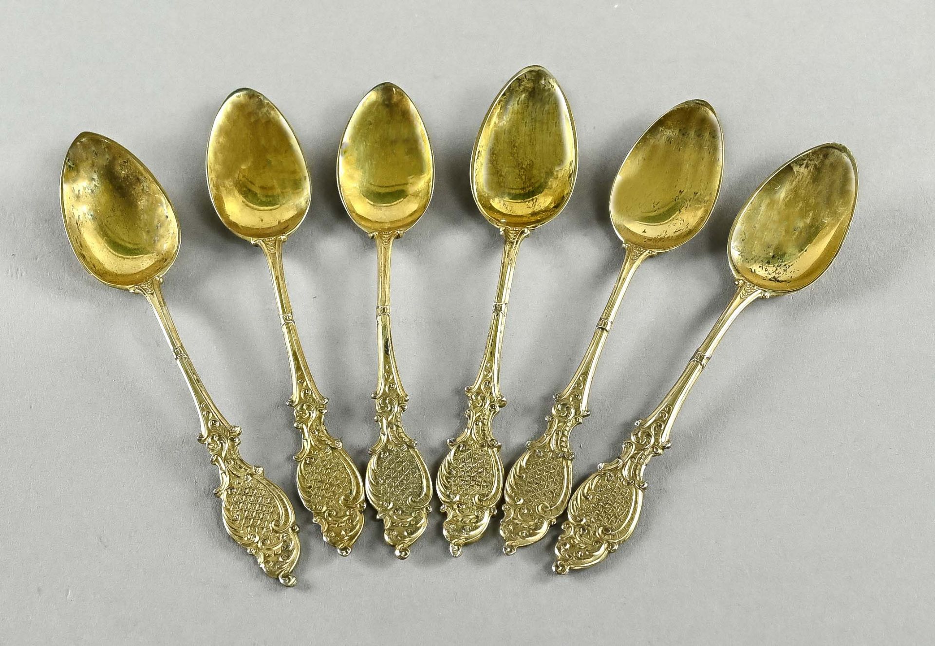 6 small coffee spoons, Germany circa 1900, silver 800 hallmarked, gilded, weight 65 g