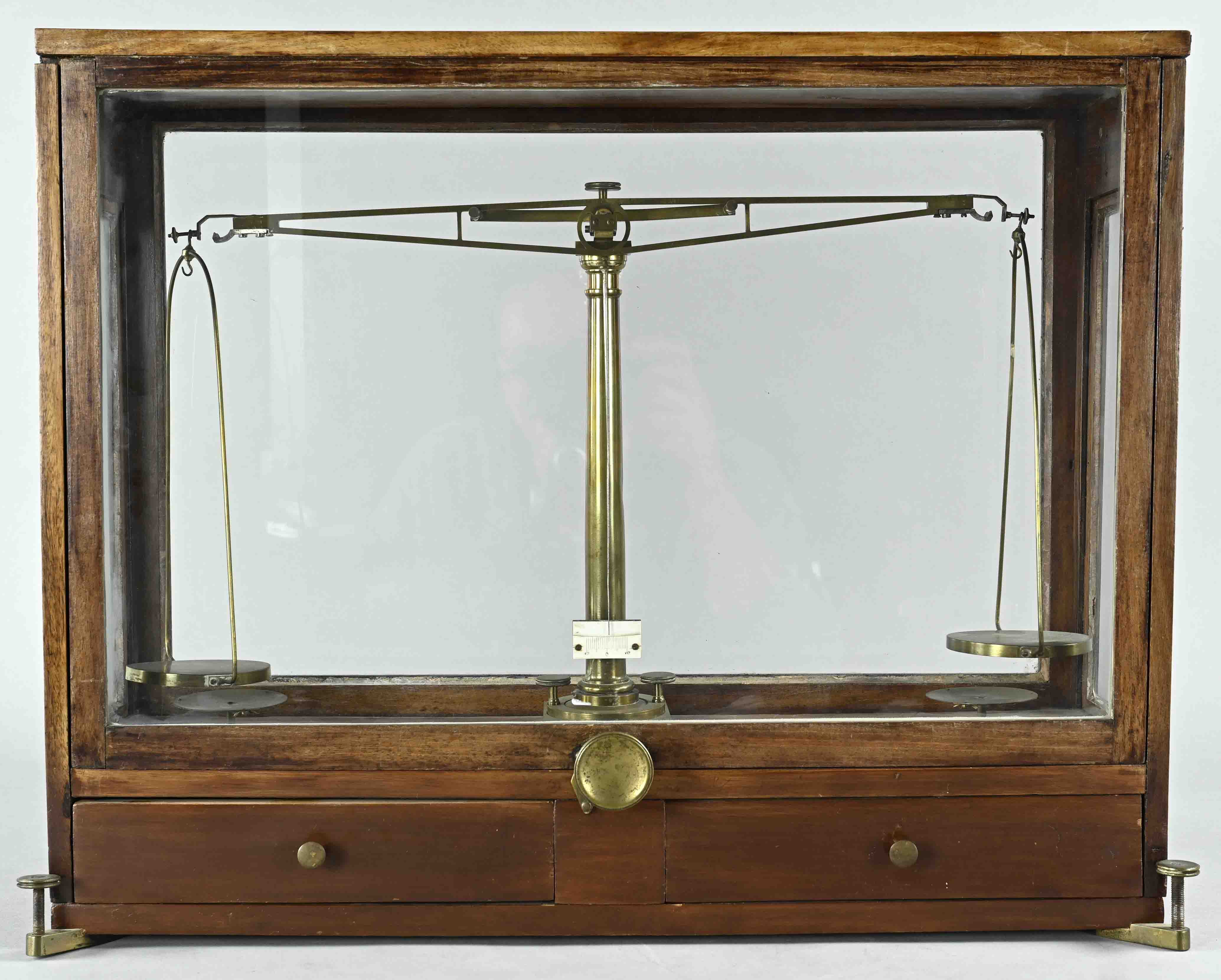 Precision balance, German, 2nd half of the 19th century, wood with glass case, height 48.5 x 60 x 1