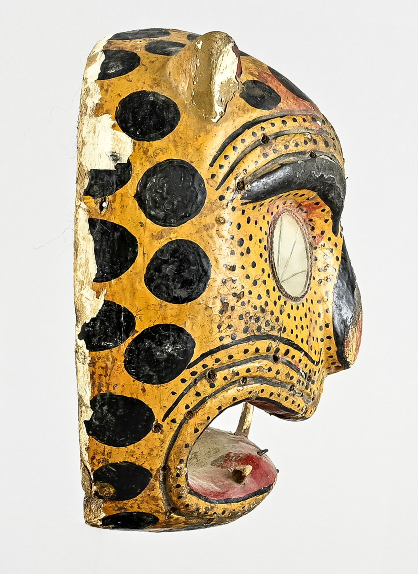 Animal mask, leopard, yellow colored with black dots, big opened red mouth, round eyes, 25 x 18,5 x - Image 2 of 3