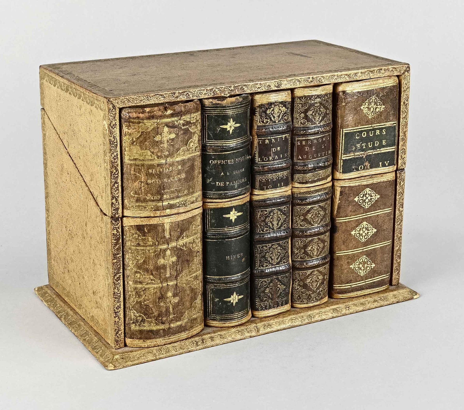 Stationery holder, Germany c. 1900, 2 compartments, front with book covers, height 21 x 27 x 15 cm