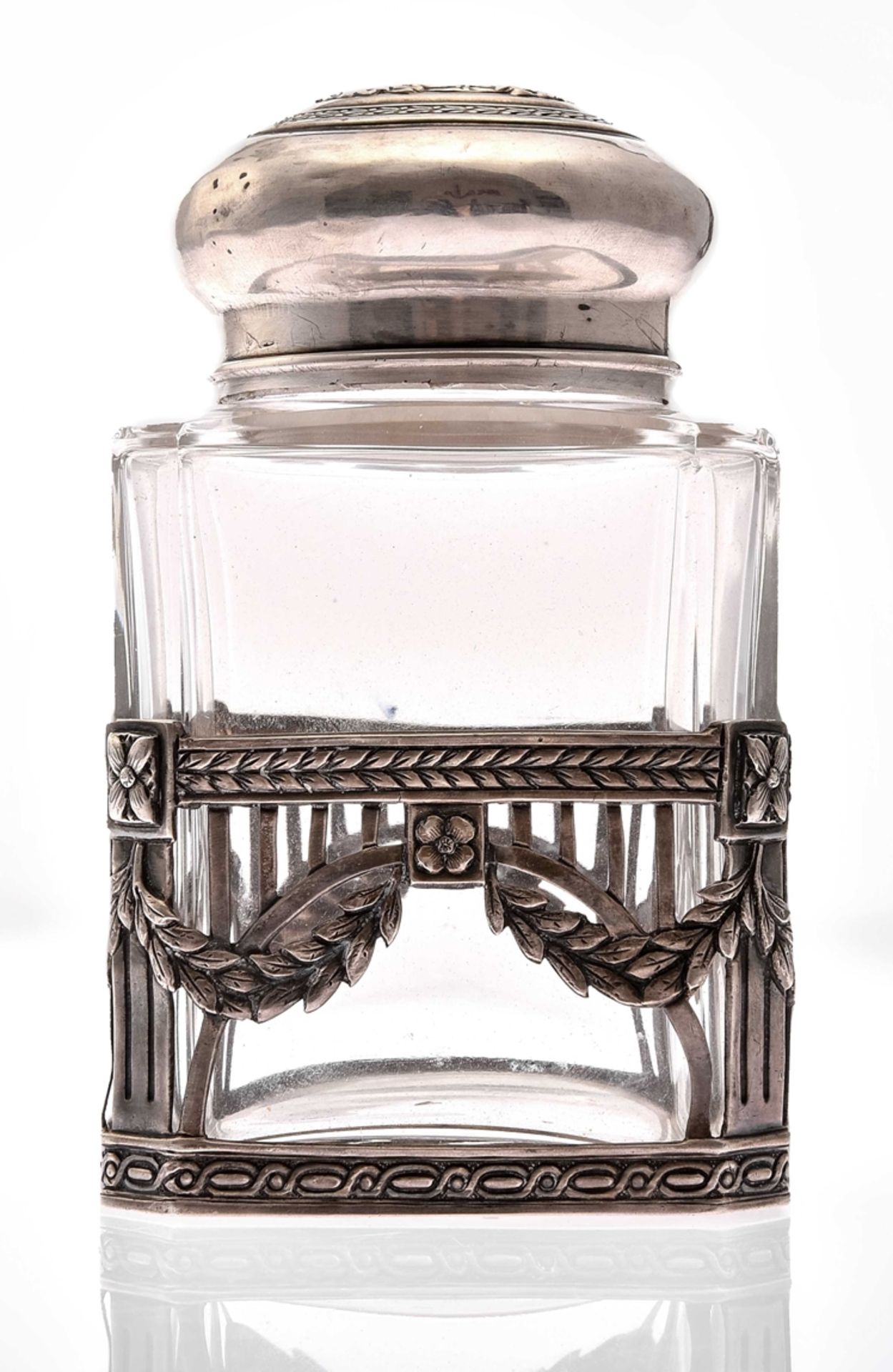 Tea container, Russia, c. 1890, silver 84, female head hallmarked, Faberge, master mark "K.F", glas