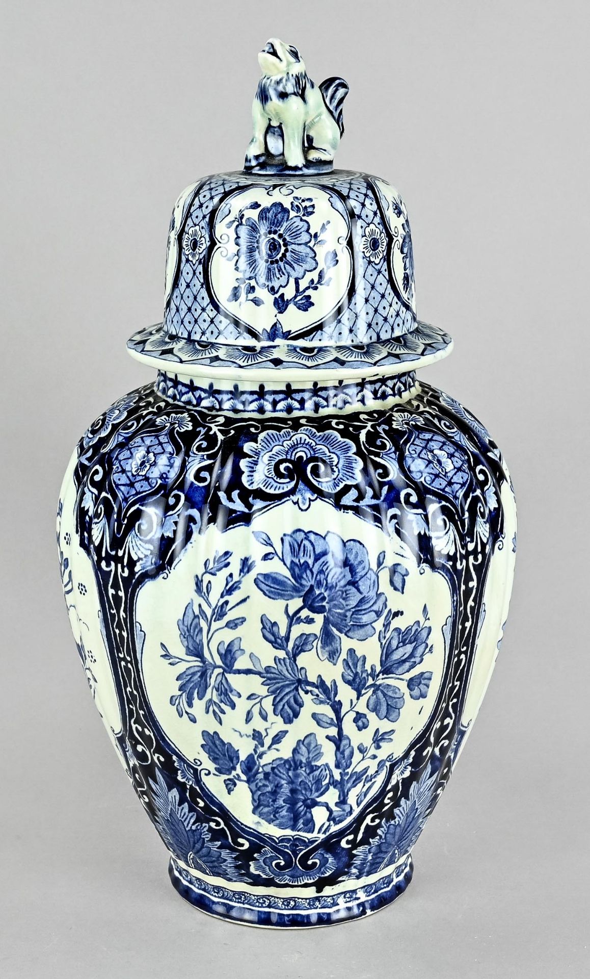 Delft lidded vase, Netherlands, 20th century, height 39 cm, diameter 20 cm, bottom mark