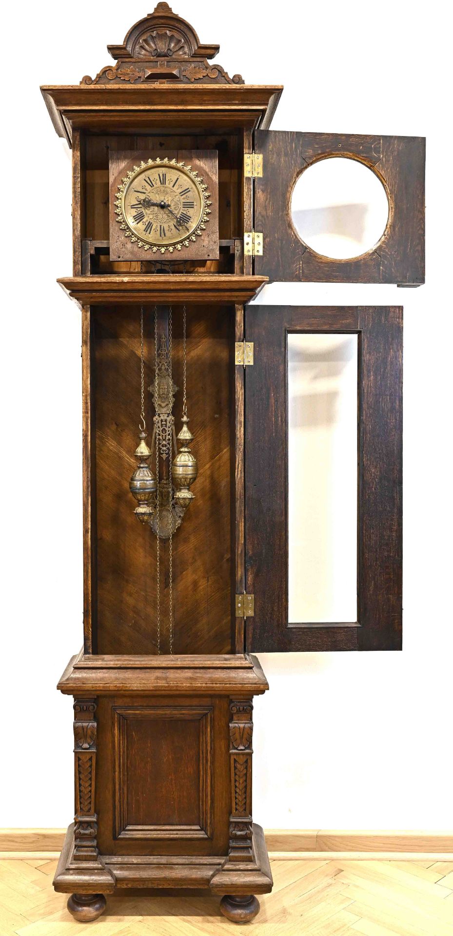 Grand grandfather clock from the Wilhelminian period around 1880/90, solid oak and veneered. Impres - Image 2 of 10