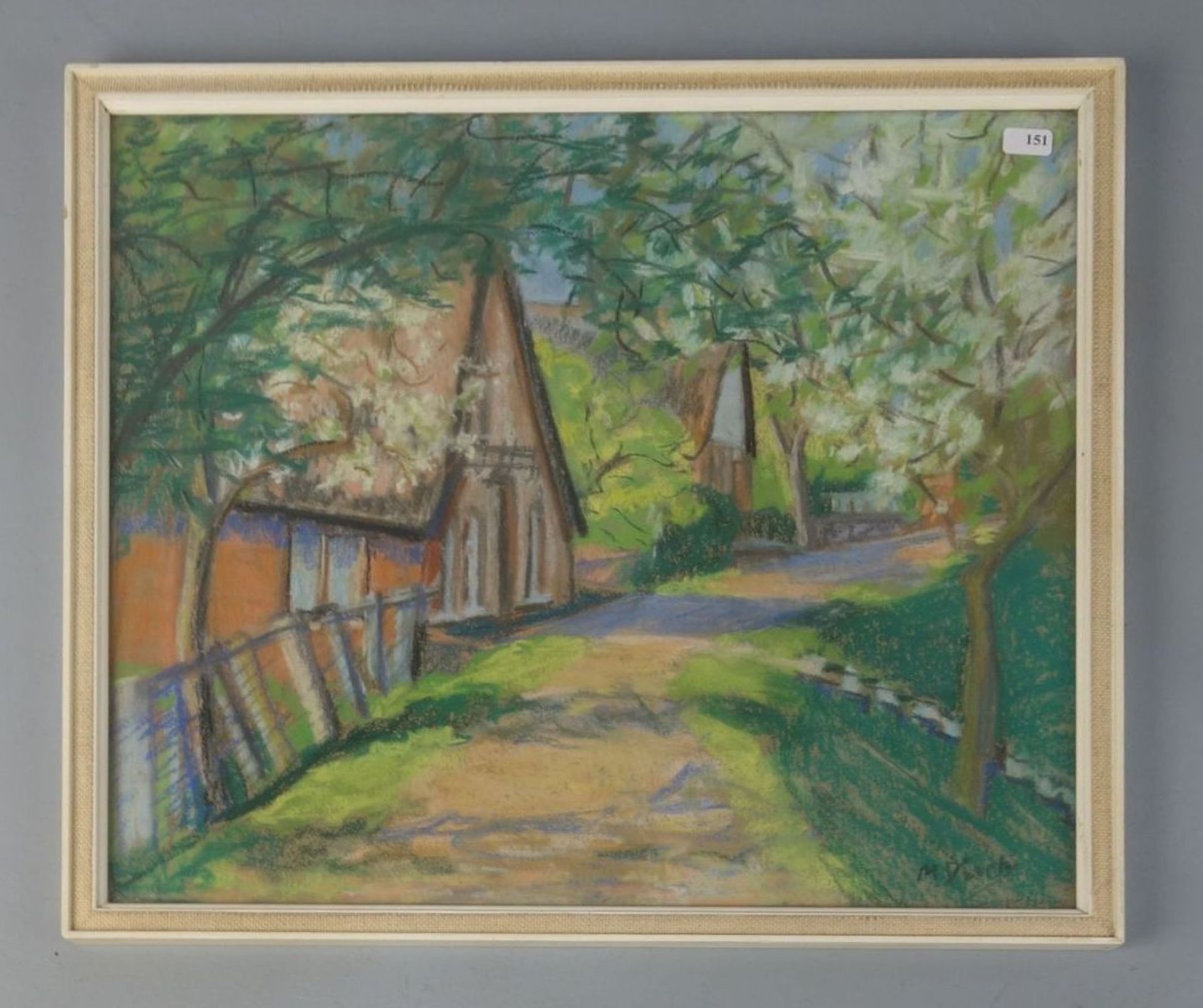 M. VISCH - PASTELL: "DORFSTRASSE IM FRÜHLING"