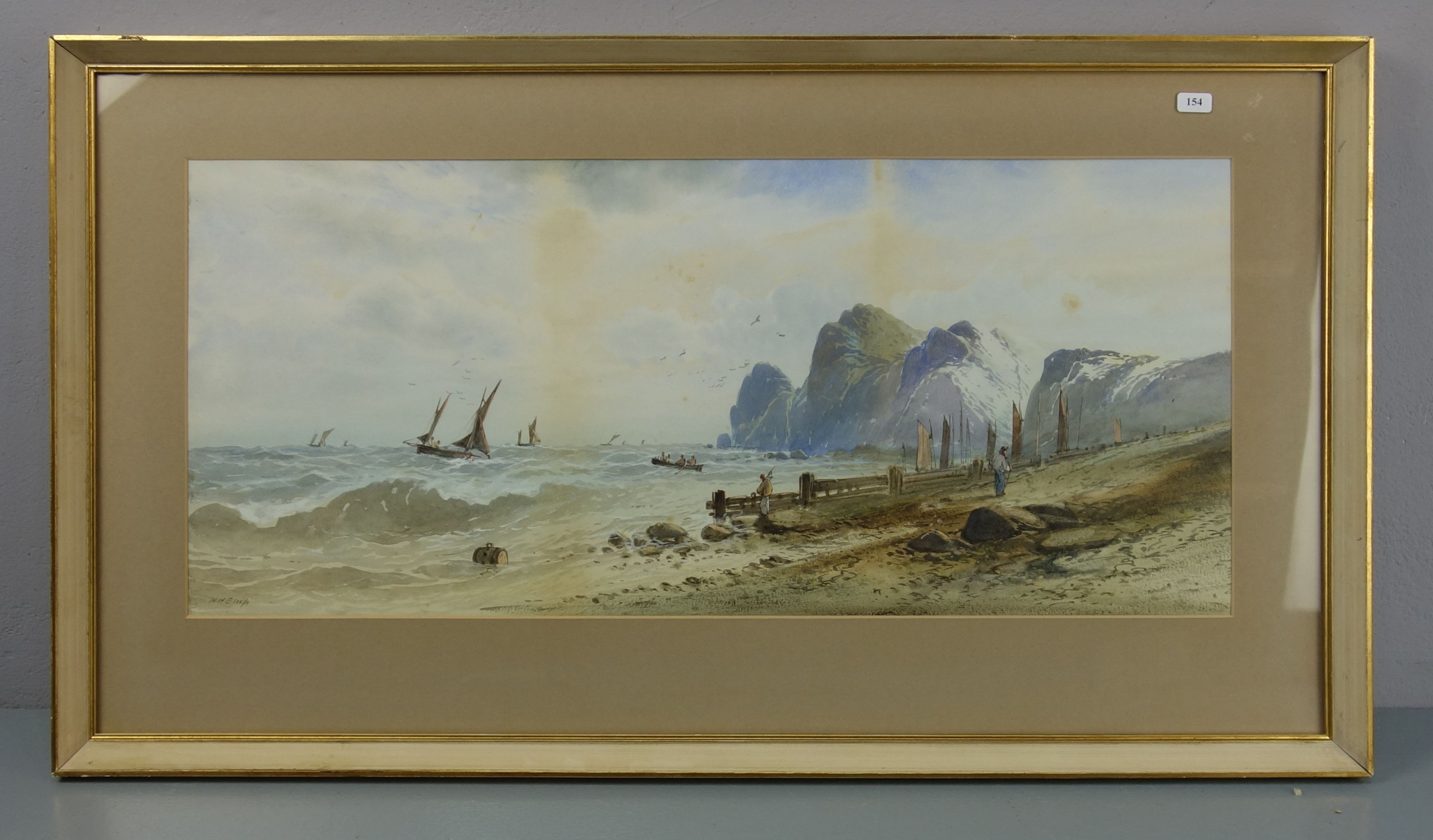 WILLIAM HENRY EARRP - AQUARELL: "FISCHER UND BOOTE AN FELSIGER KÜSTE"