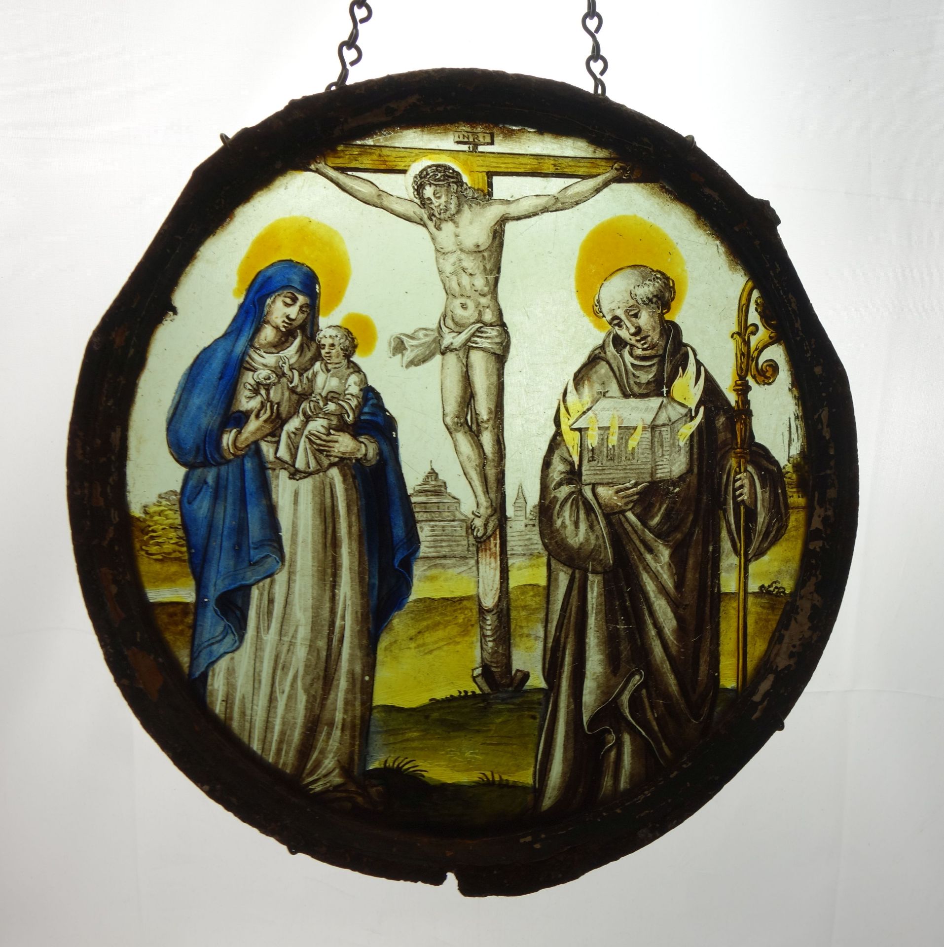 RELIGIOUS CABINET PANE / STAINED GLASS ON ROUND PANE