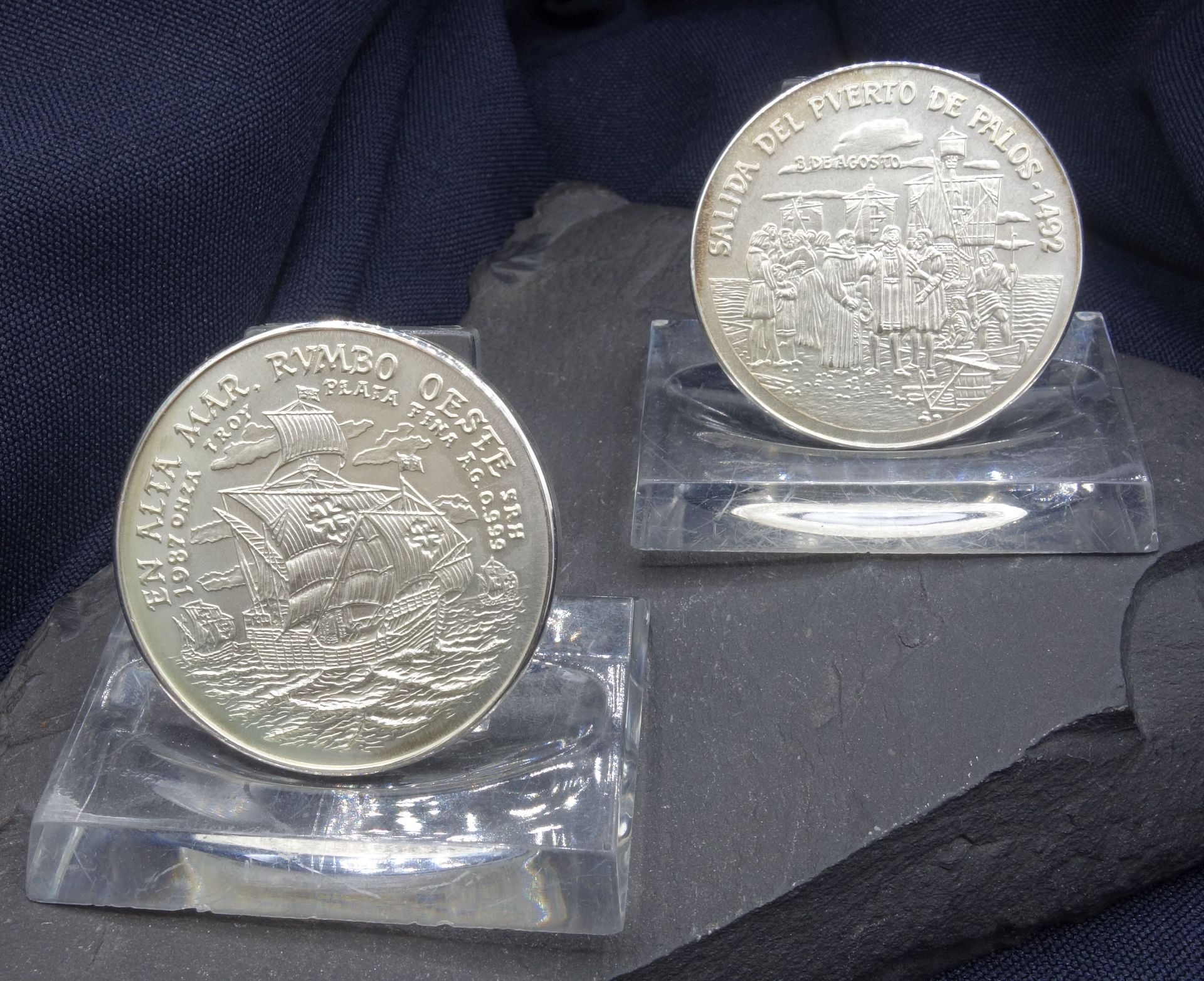 TWO SPANISH SILVER MEDALS TO REMEMBER COLUMBUS' 1492 SEA TRIP
