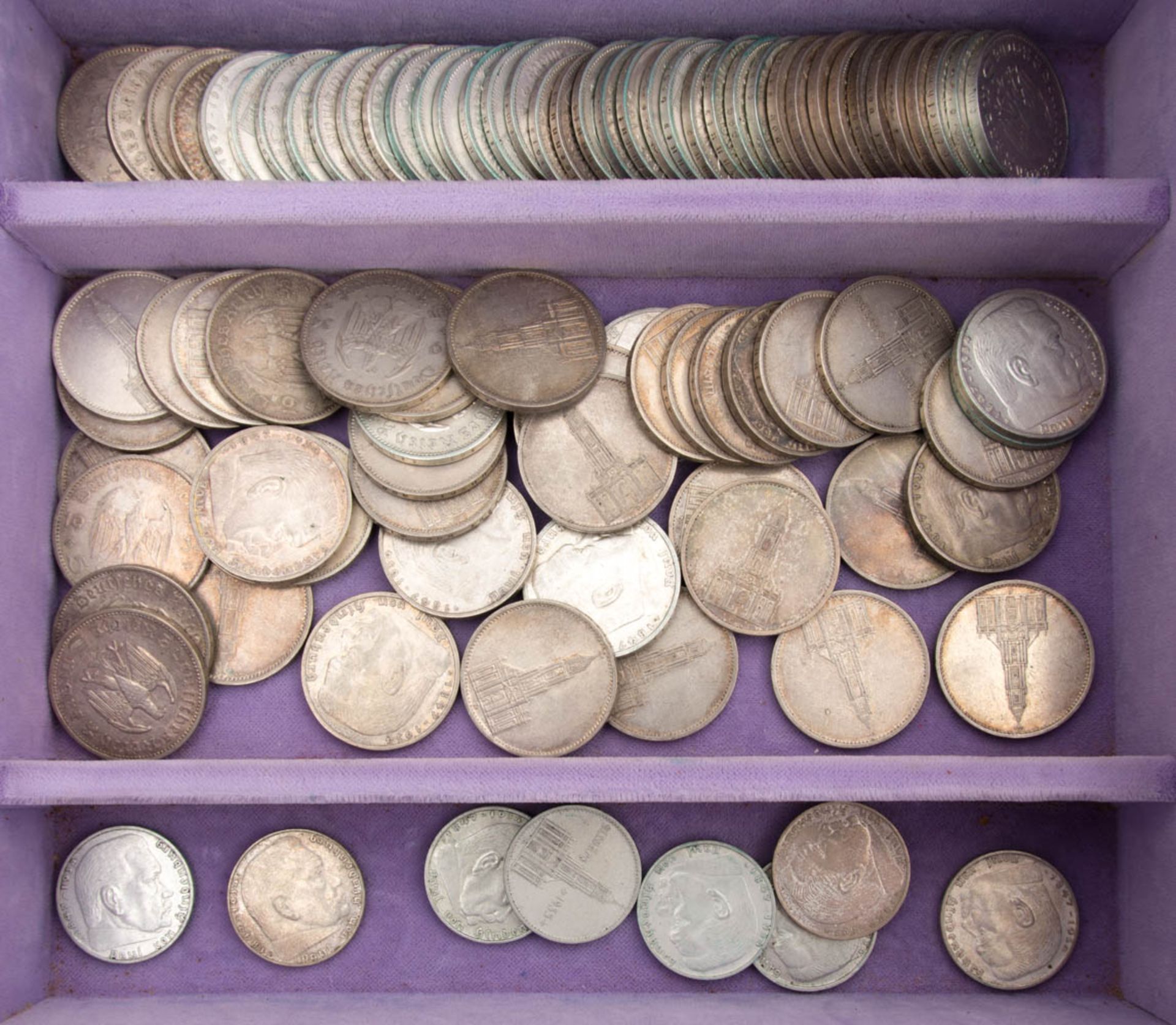 Silbermünzen III. Reich 5 RM und 2 RM Hindenburg 1065 g Feinsilber.82 x 5 RM Hindenbu