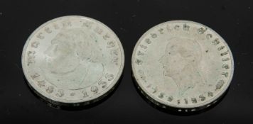 2 x 2 Reichsmark Schiller, Luther STGL.Deutsches Reich:2 RM Luther 1933 F, Silber.